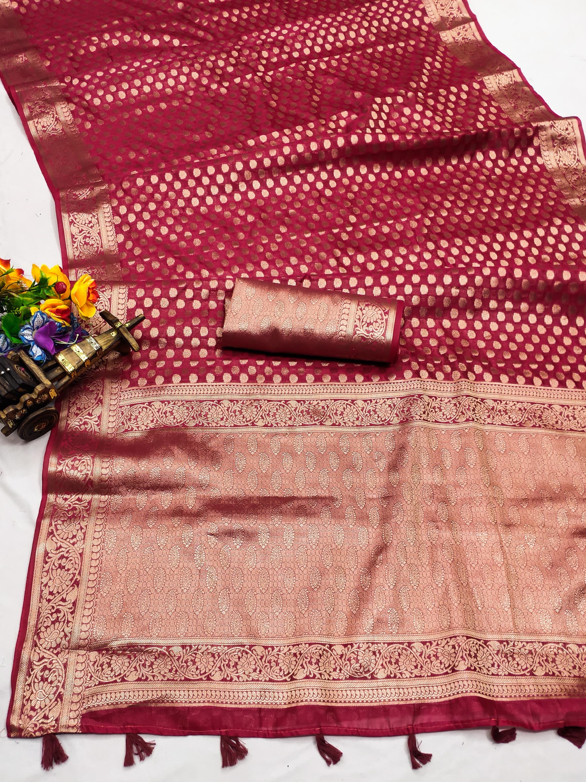 Brick Red Soft Organza Silk Banarasi Saree with Gold Jari Border & Intricate Weaving Butti