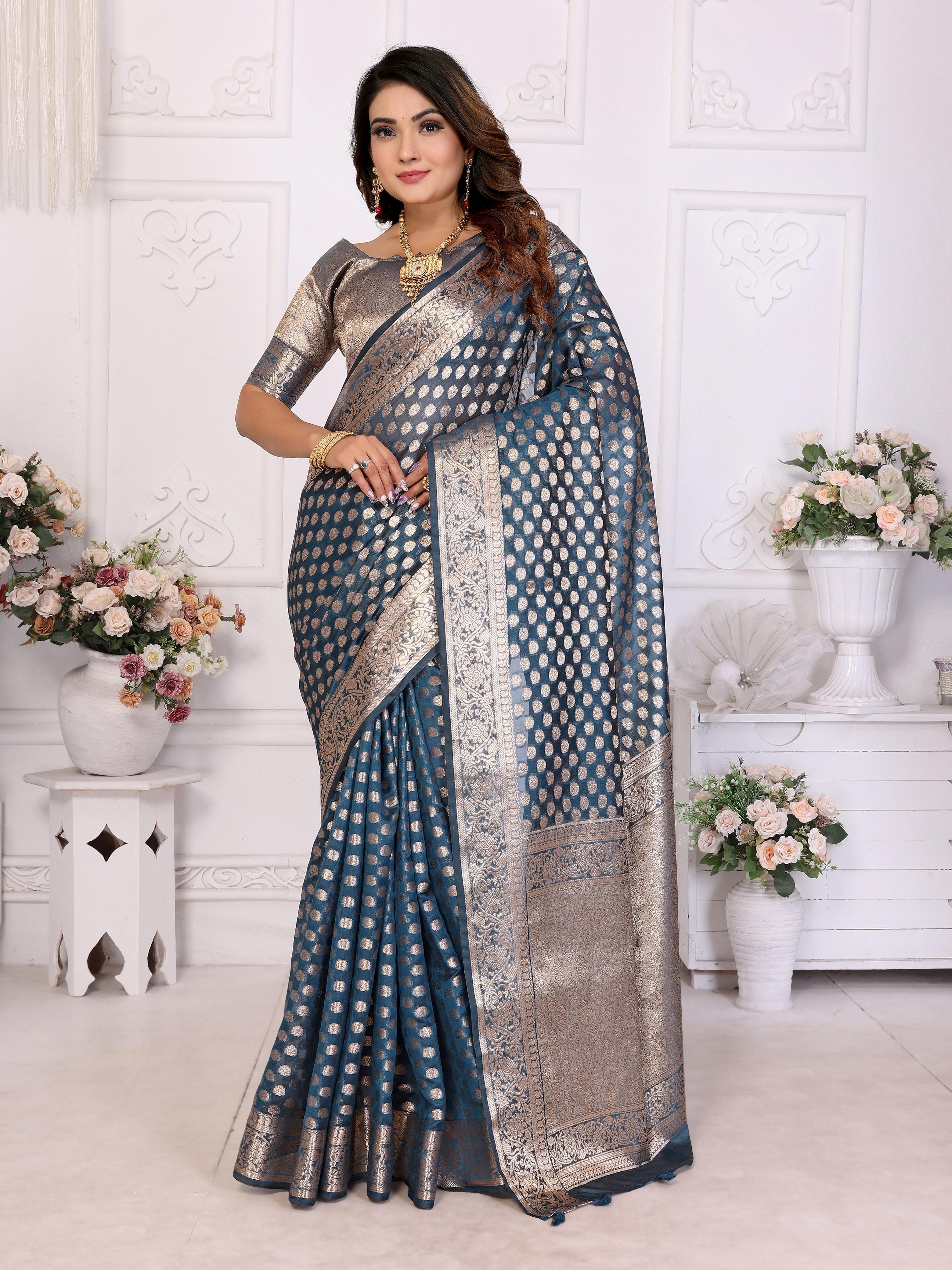 Cyan Blue Soft Organza Silk Banarasi Saree with Gold Jari Border & Intricate Weaving Butti