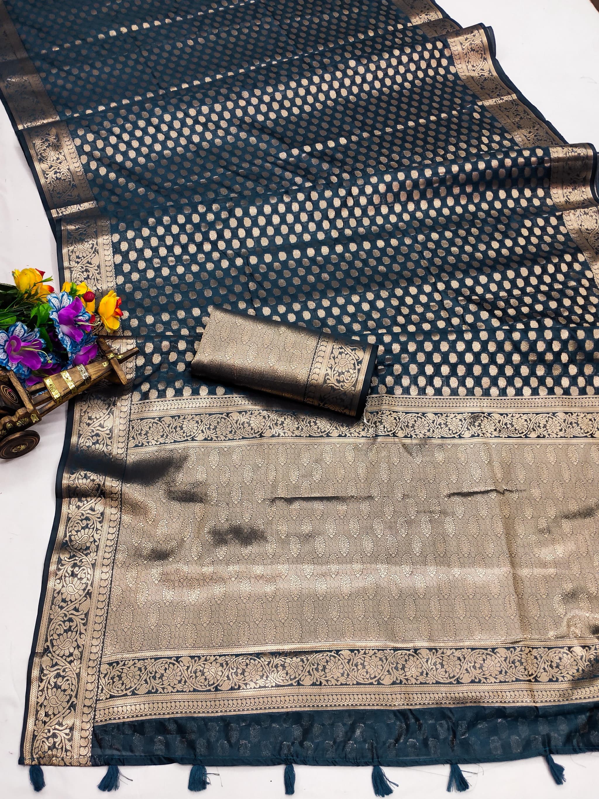 Cyan Blue Soft Organza Silk Banarasi Saree with Gold Jari Border & Intricate Weaving Butti