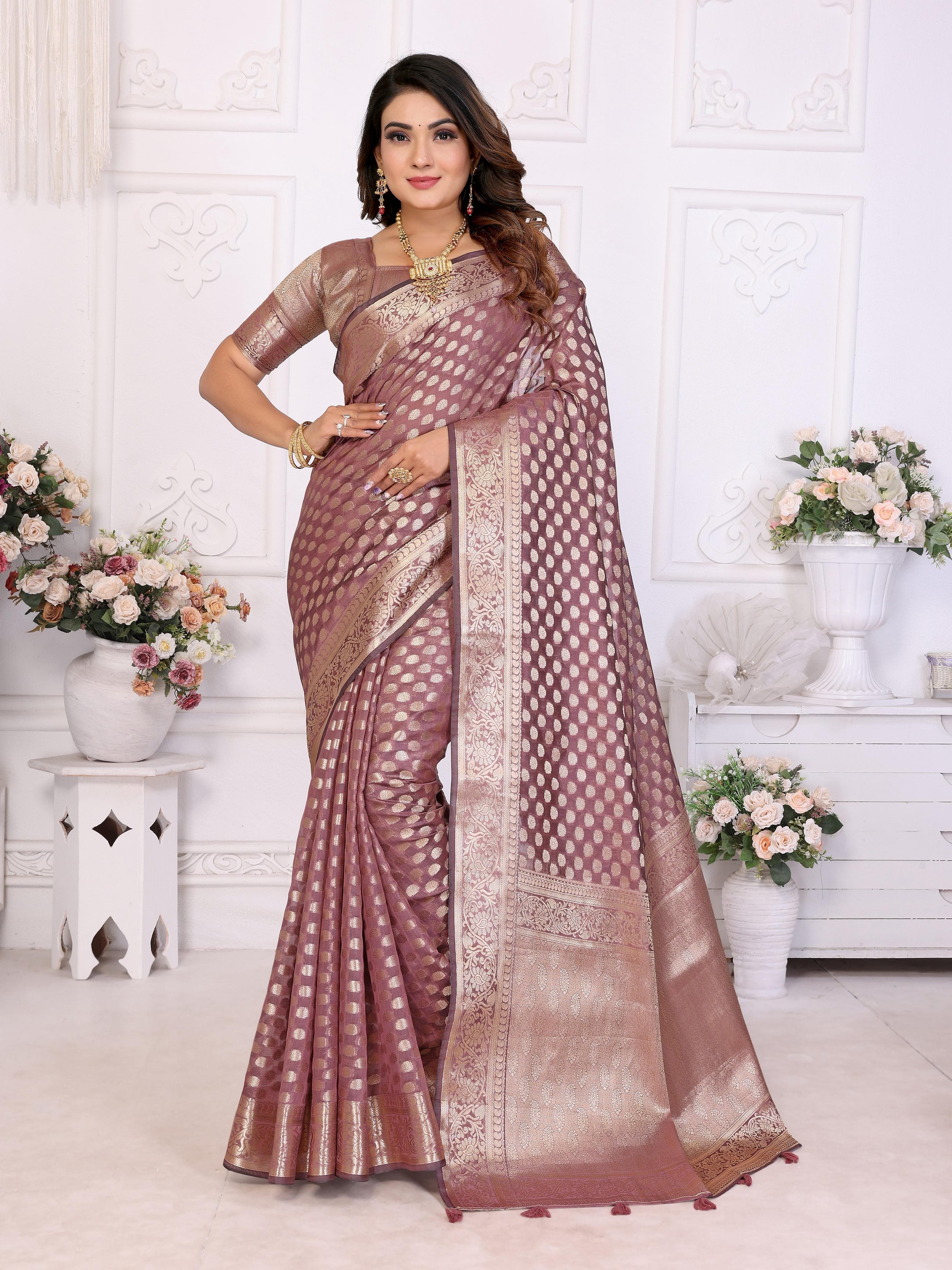 Raspberry Glace Soft Organza Silk Banarasi Saree with Gold Jari Border & Intricate Weaving Butti