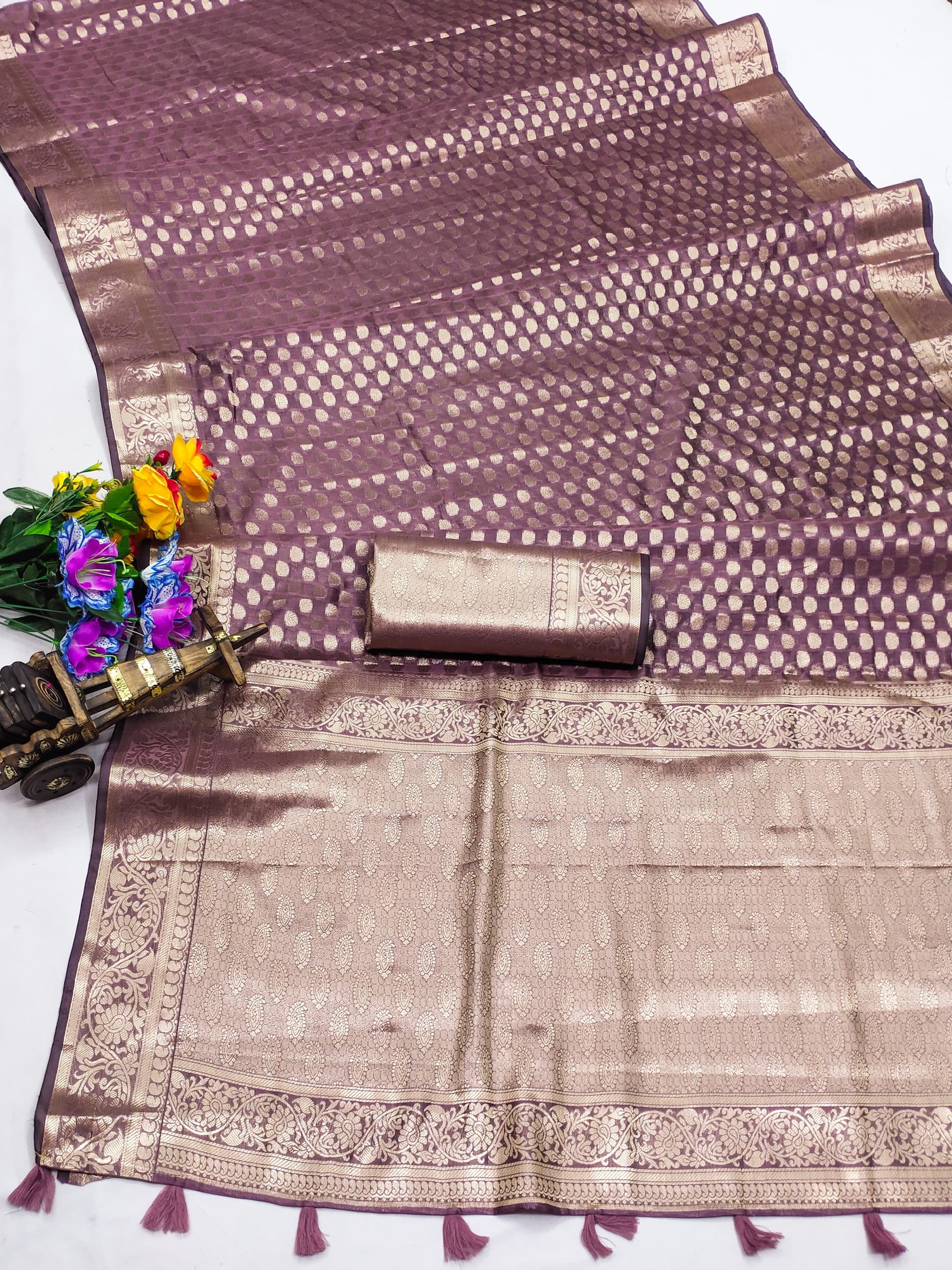 Raspberry Glace Soft Organza Silk Banarasi Saree with Gold Jari Border & Intricate Weaving Butti