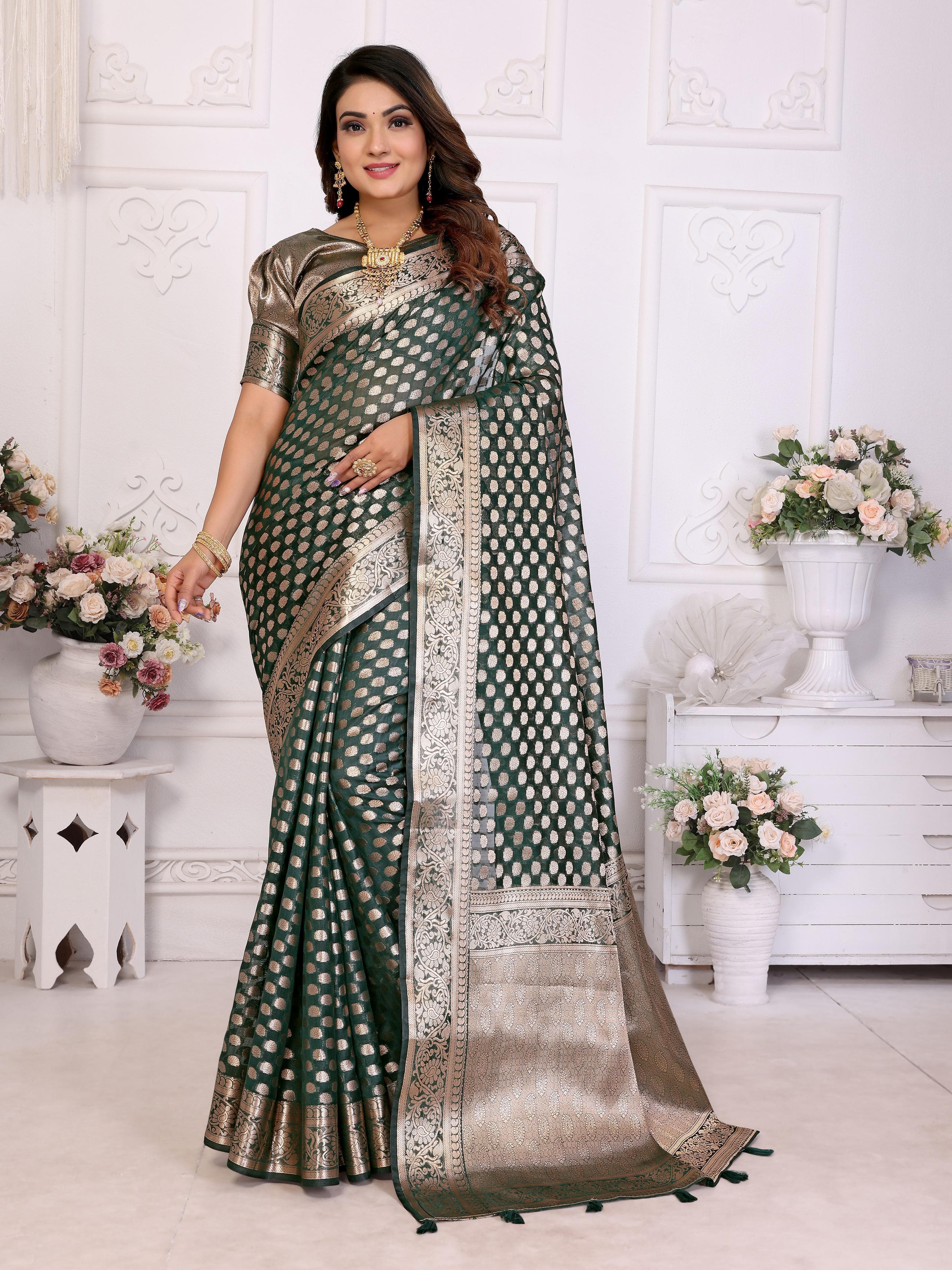 Mineral Green Soft Organza Silk Banarasi Saree with Gold Jari Border & Intricate Weaving Butti
