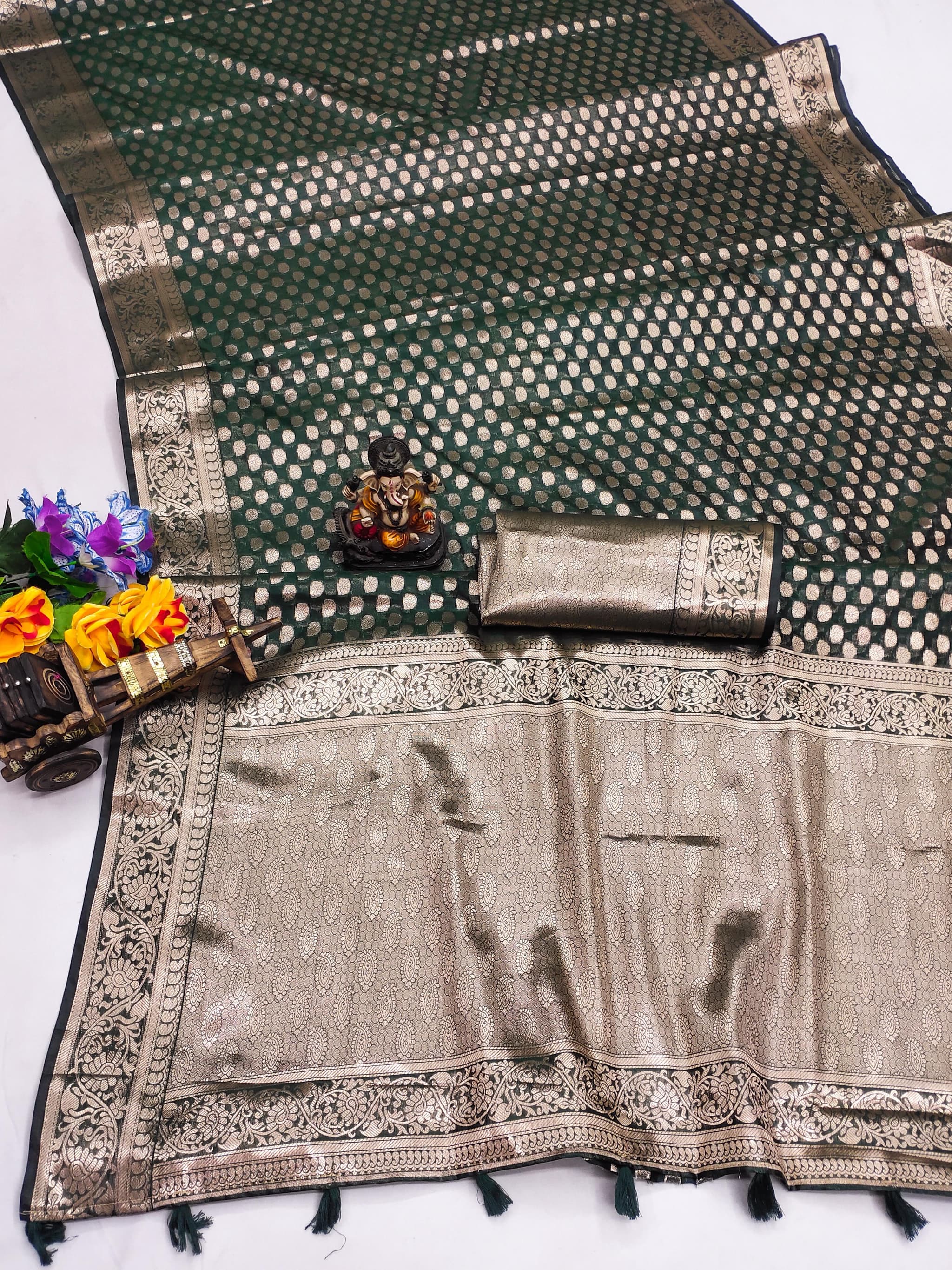 Mineral Green Soft Organza Silk Banarasi Saree with Gold Jari Border & Intricate Weaving Butti