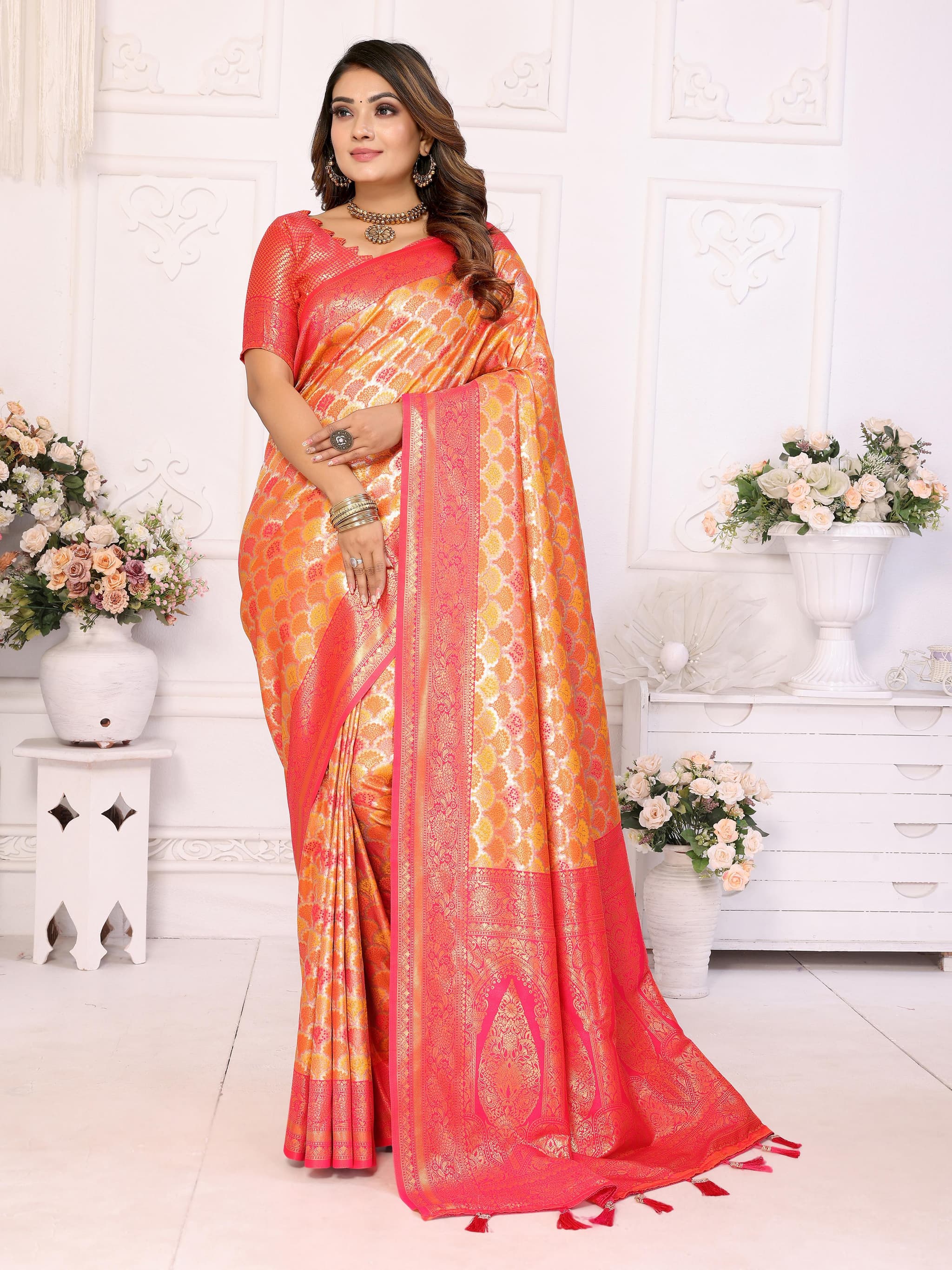 Orange Banarasi Chaturi Silk Saree