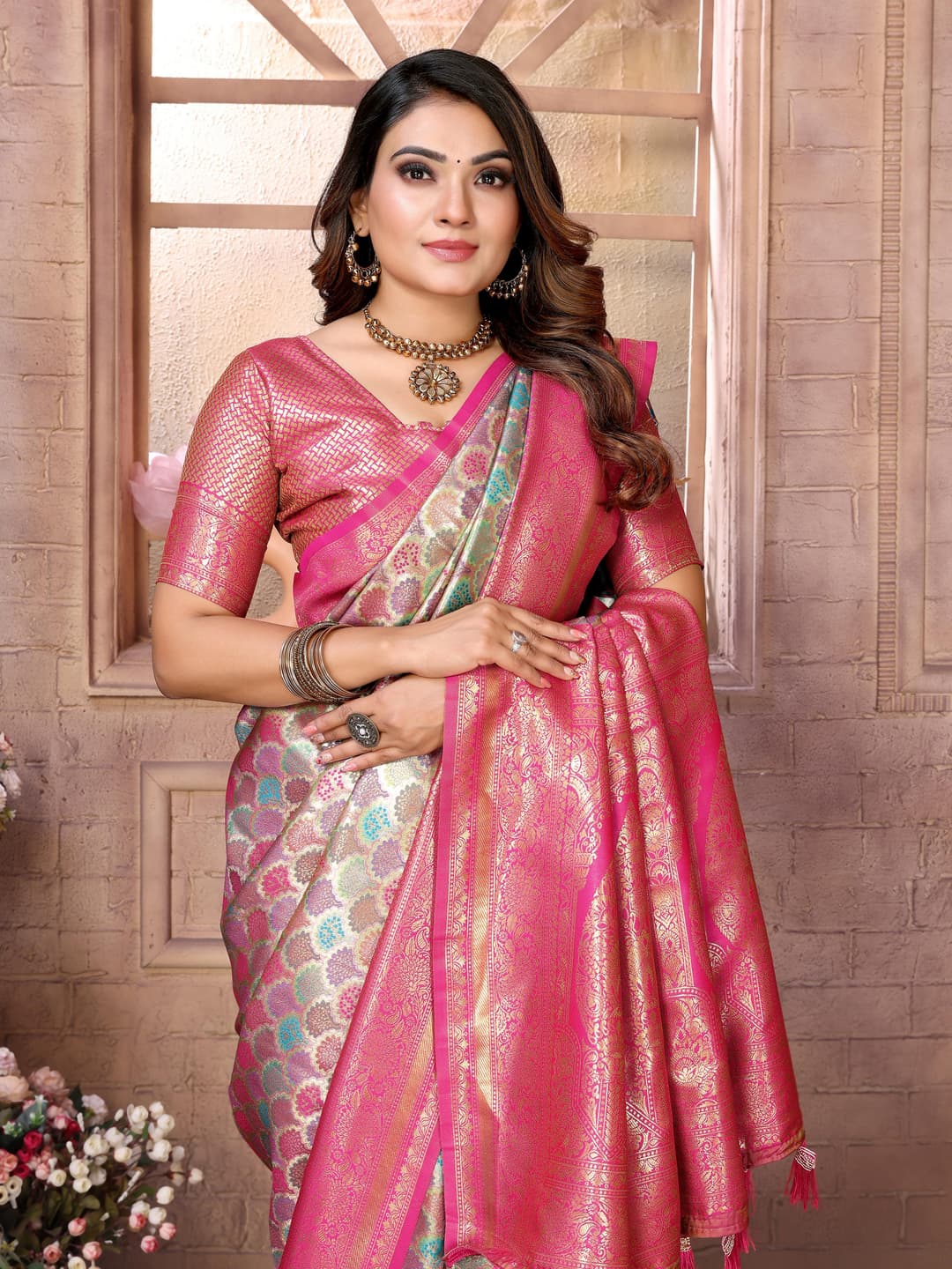 Rose Pink Banarasi Chaturi Silk Saree
