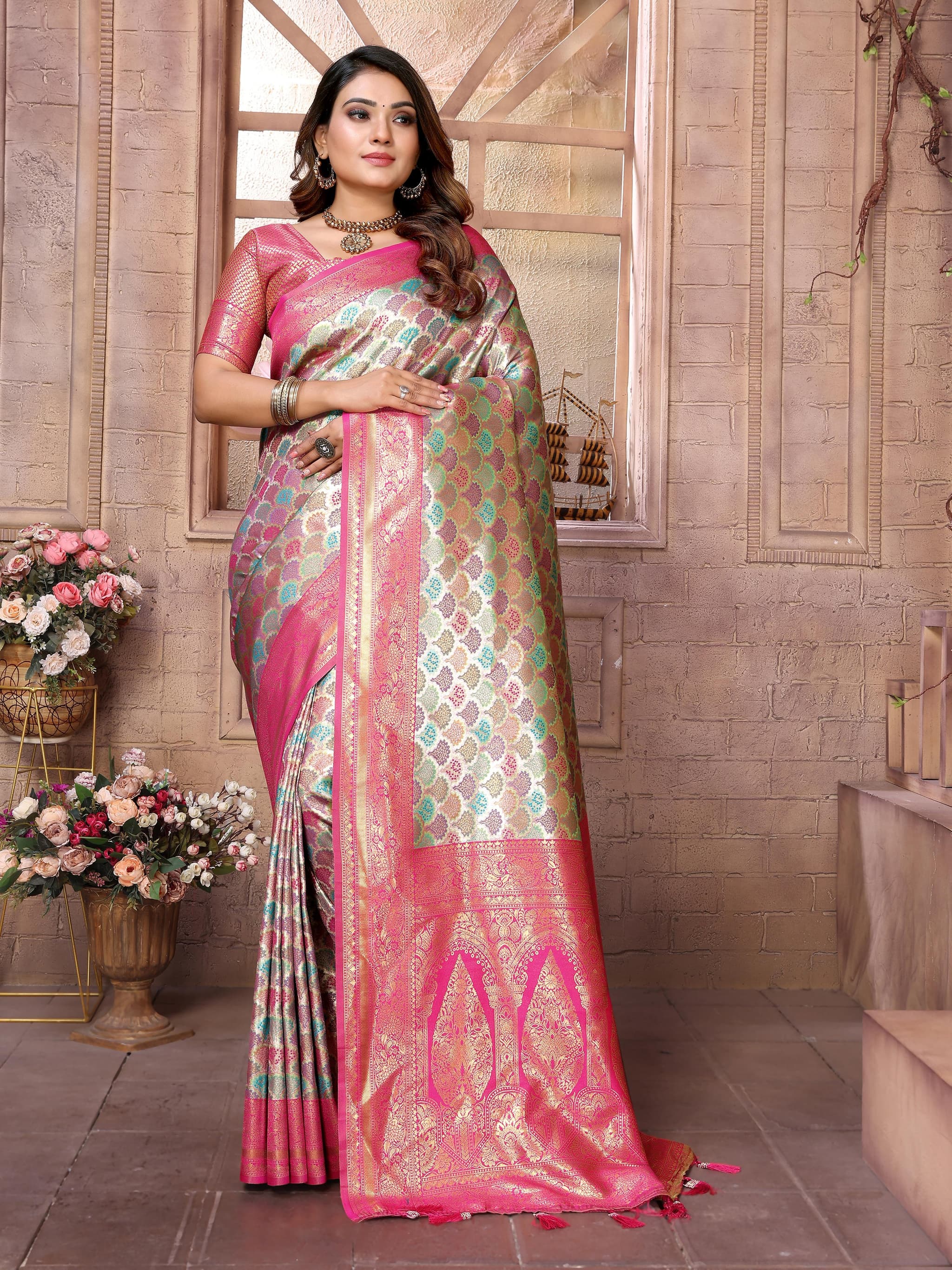 Rose Pink Banarasi Chaturi Silk Saree