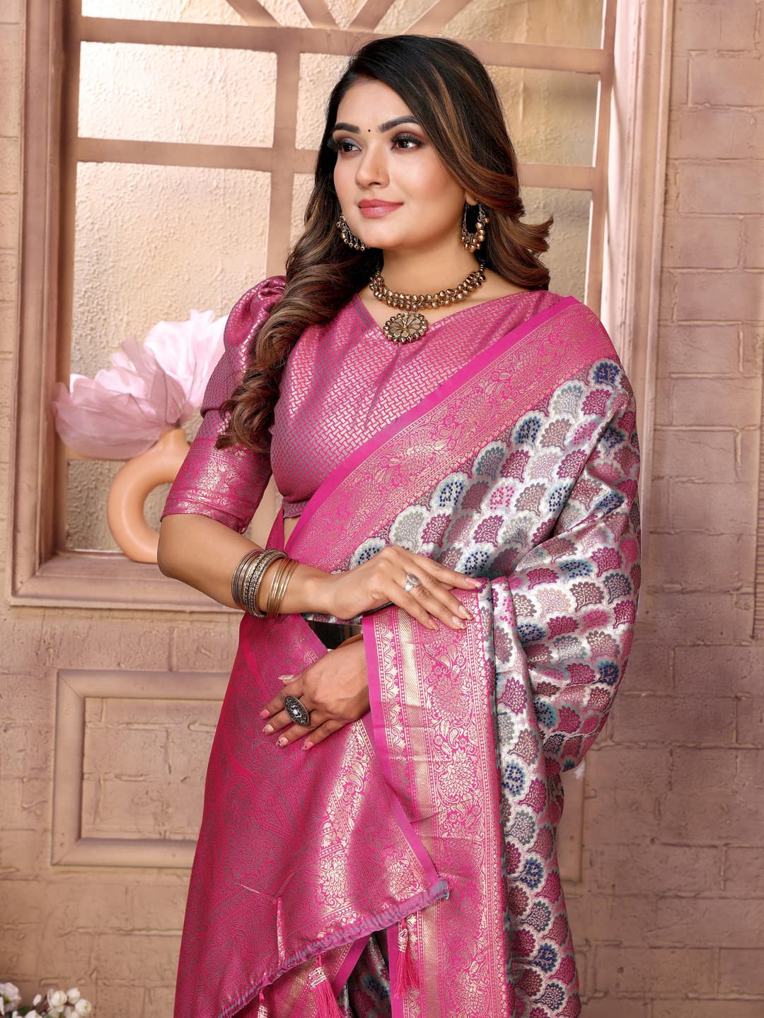 Raspberry Pink Banarasi Chaturi Silk Saree