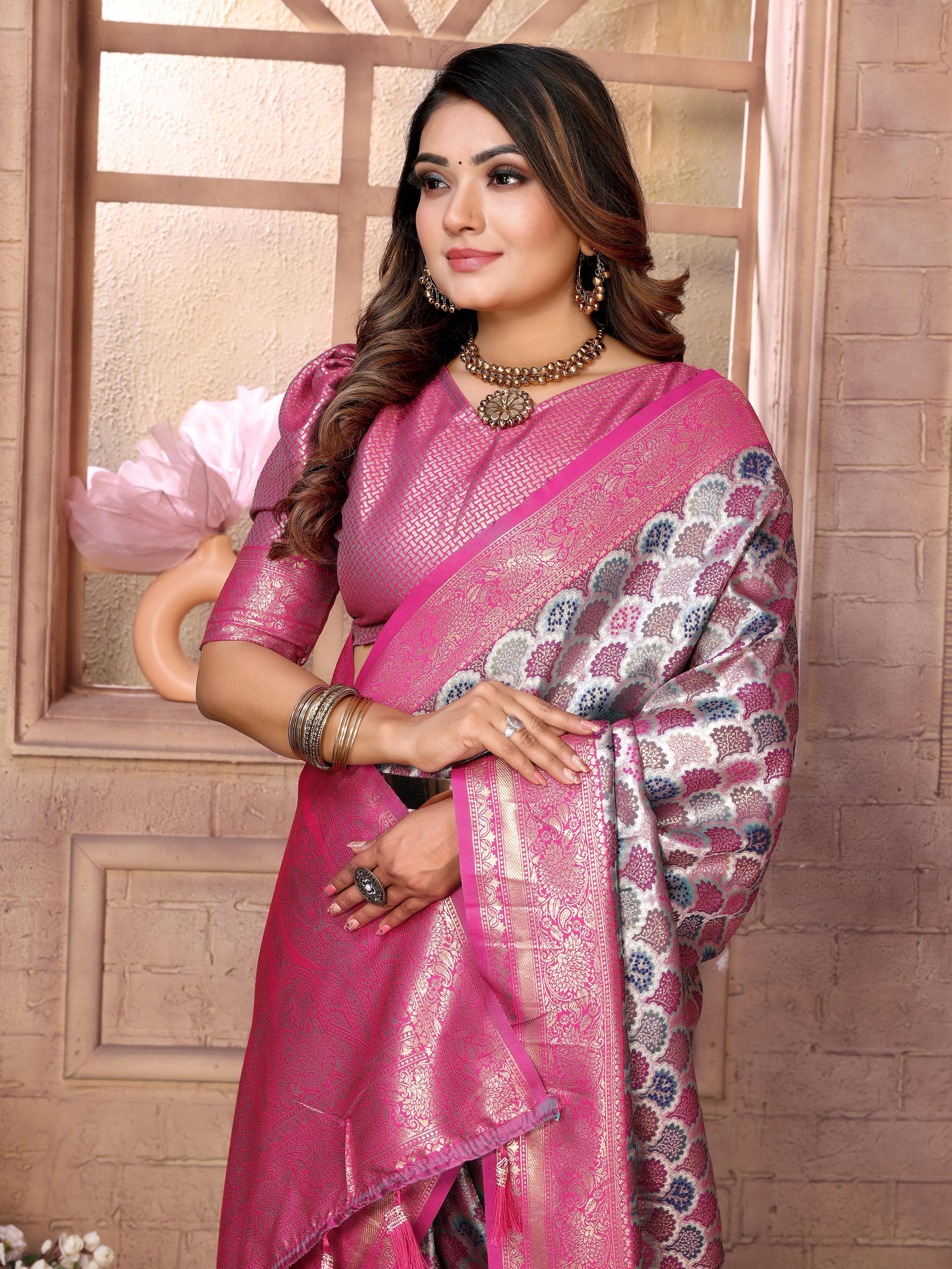 Raspberry Pink Banarasi Chaturi Silk Saree