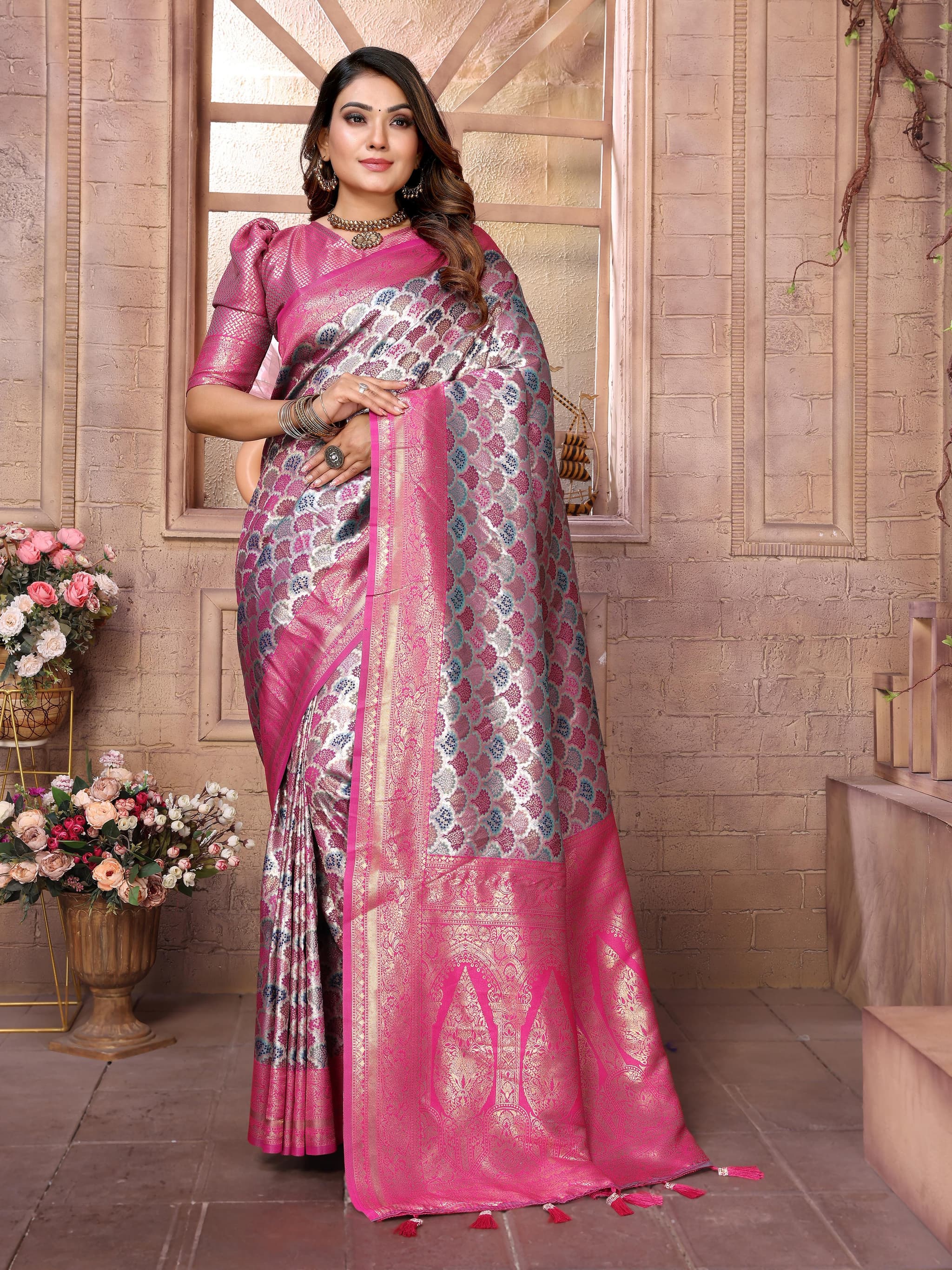 Raspberry Pink Banarasi Chaturi Silk Saree