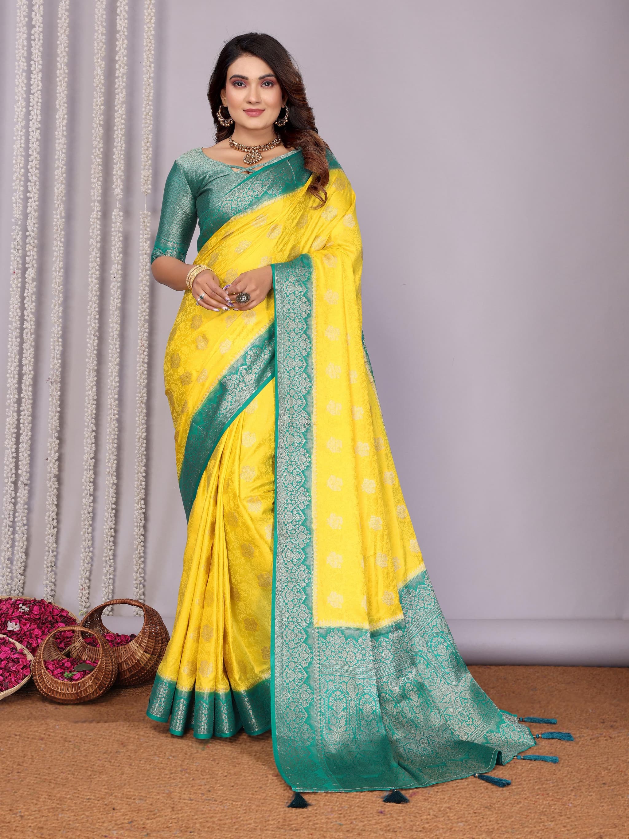 Yellow Handloom Satin Silk Zari Weaving Saree