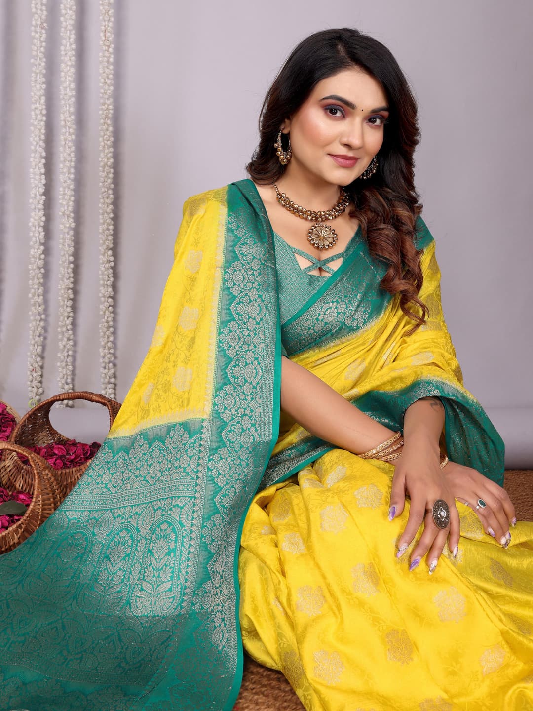 Yellow Handloom Satin Silk Zari Weaving Saree