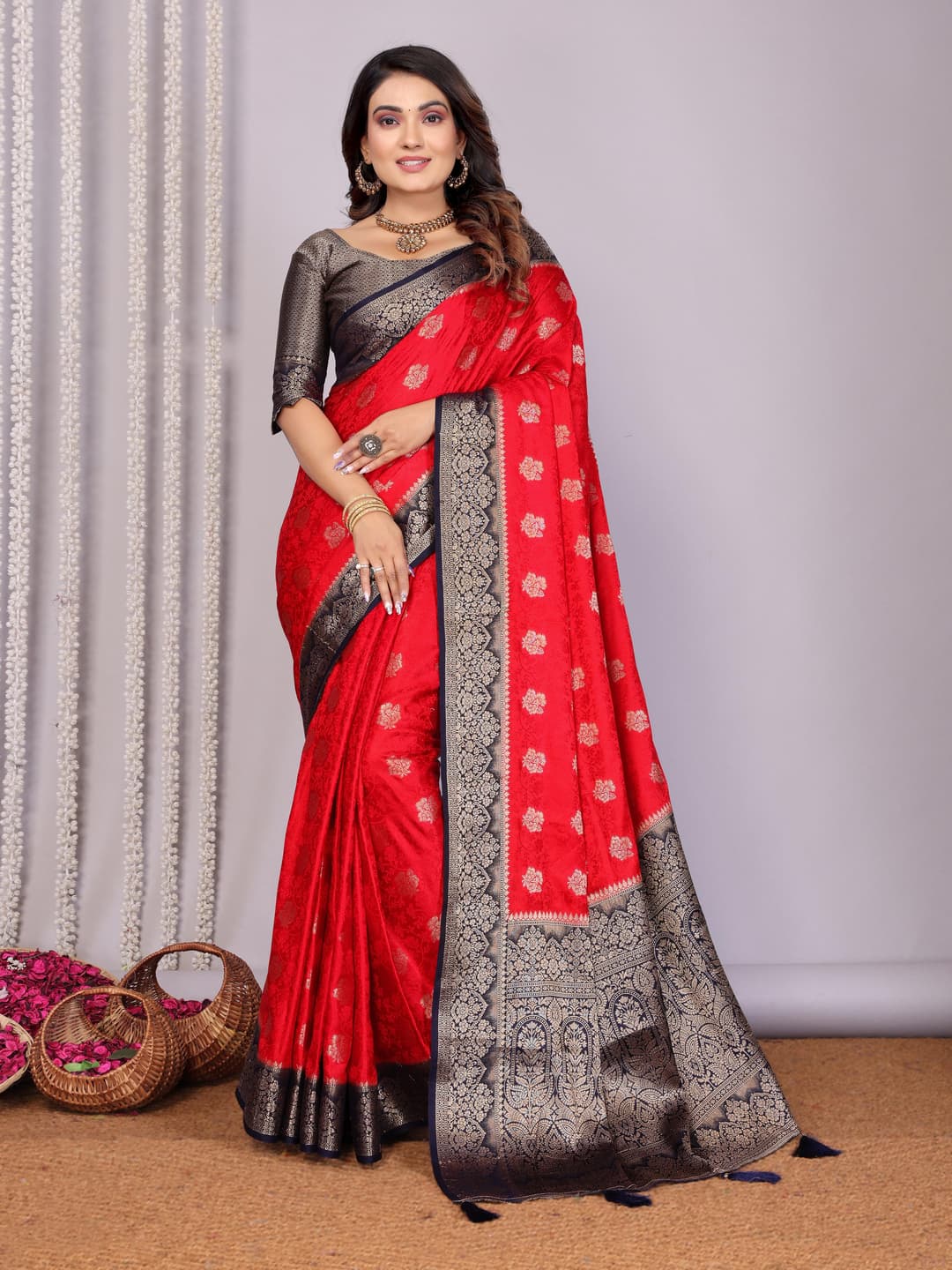 Red Handloom Satin Silk Zari Weaving Saree
