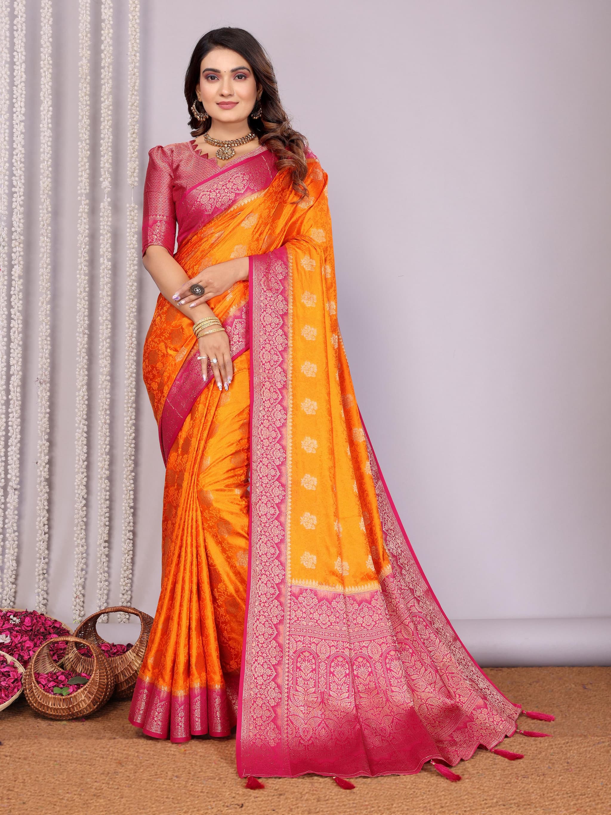 Deep Saffron Handloom Satin Silk Zari Weaving Saree