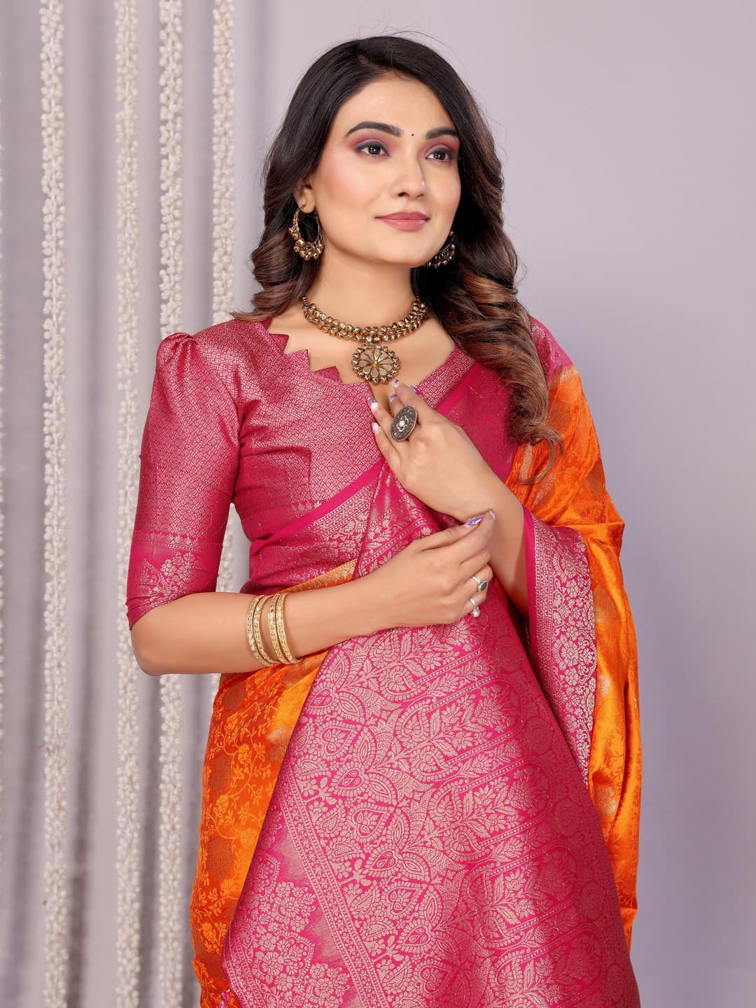 Deep Saffron Handloom Satin Silk Zari Weaving Saree