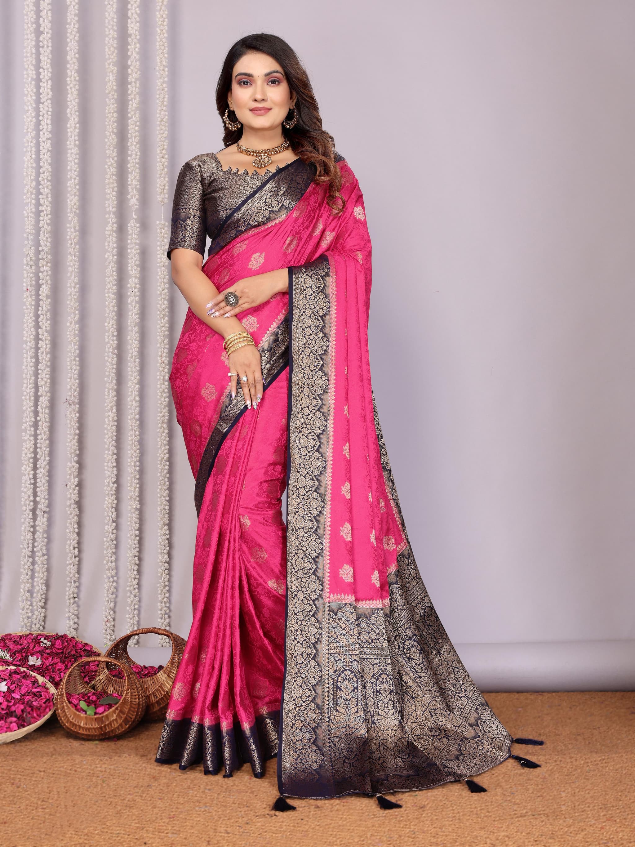 Warm Pink Handloom Satin Silk Zari Weaving Saree