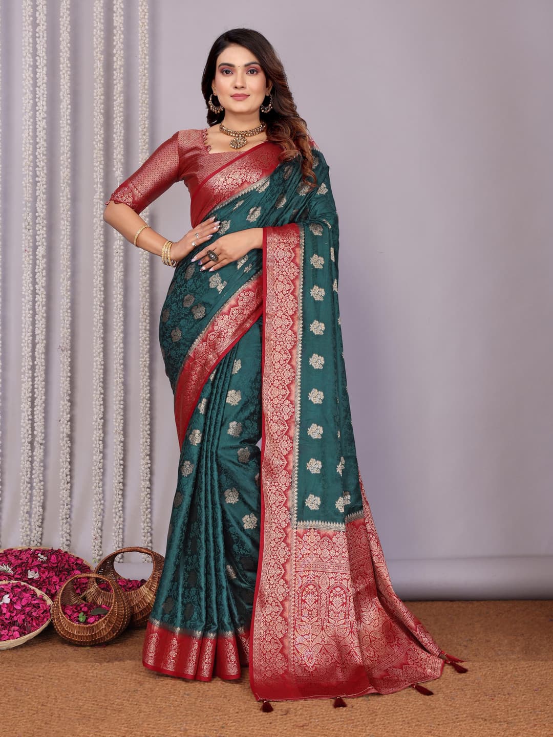 Mineral Green Handloom Satin Silk Zari Weaving Saree