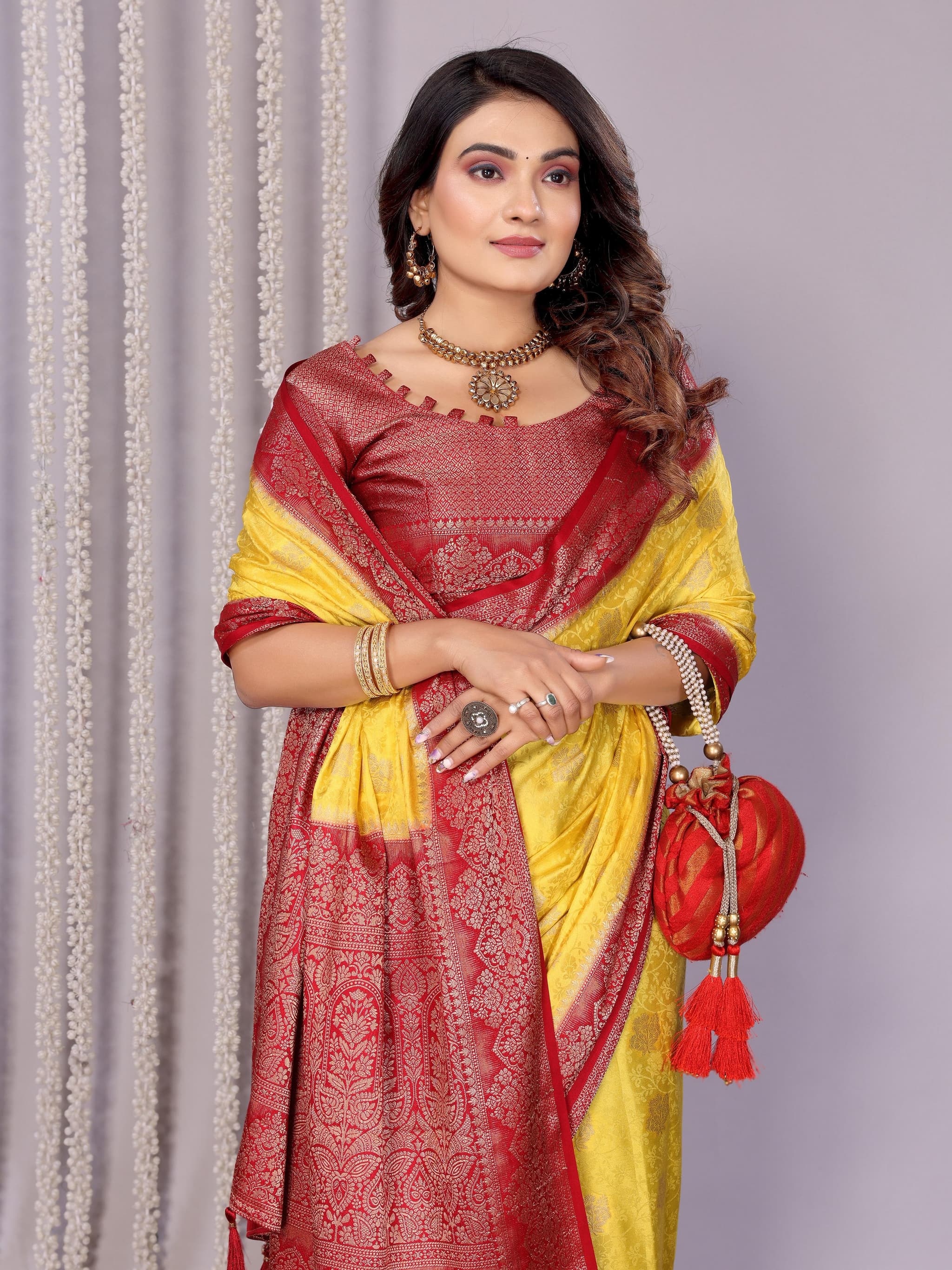 Gold Handloom Satin Silk Zari Weaving Saree