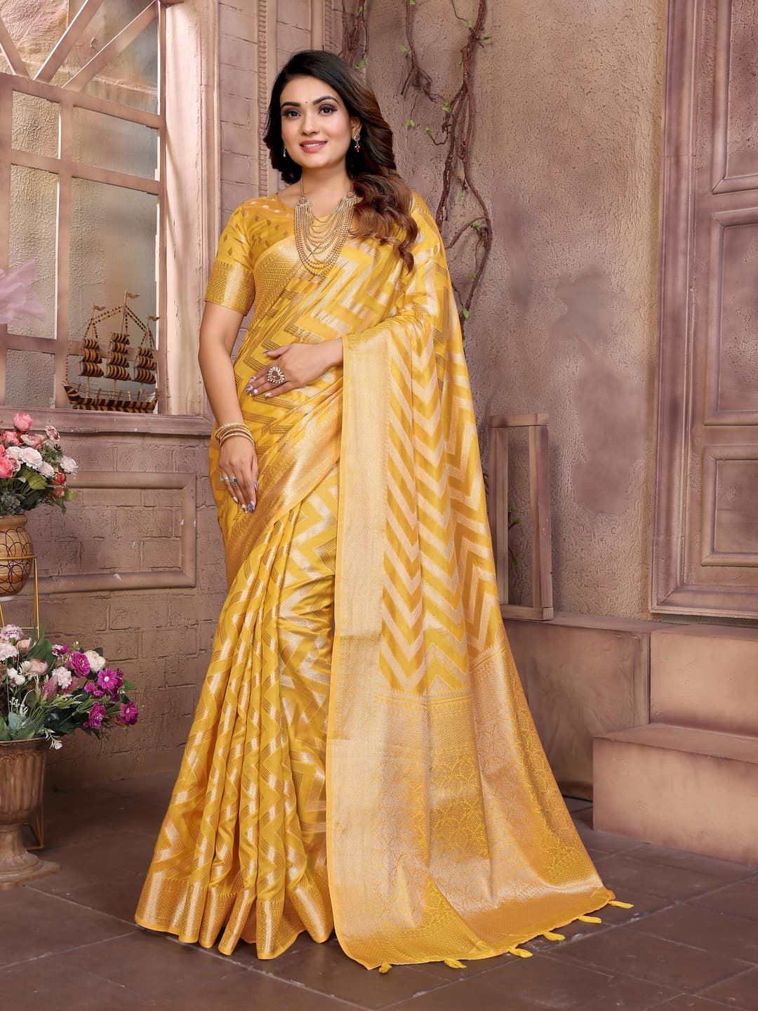 Gold Soft Organza Silk Banarasi Saree