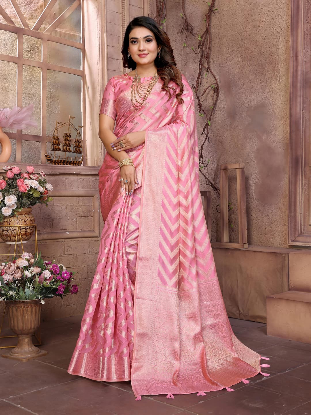 Rose Pink Soft Organza Silk Banarasi Saree