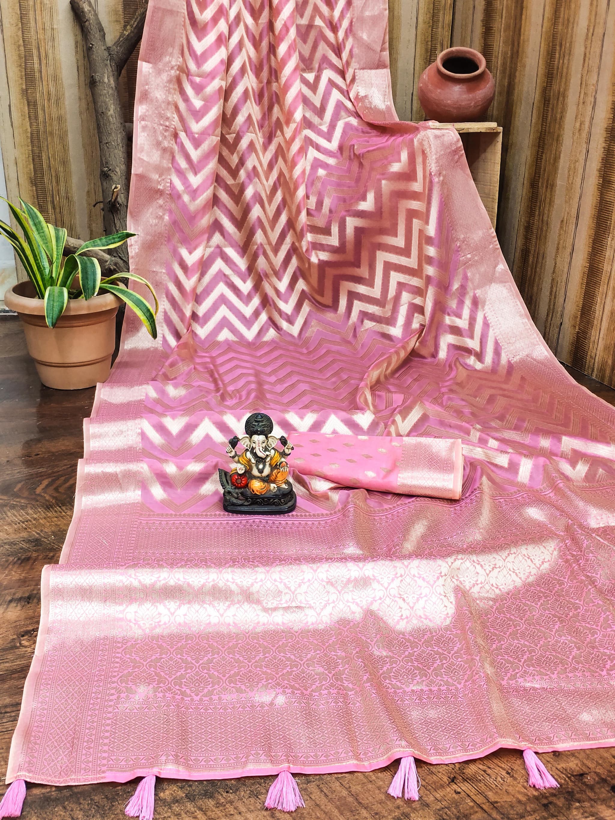 Rose Pink Soft Organza Silk Banarasi Saree
