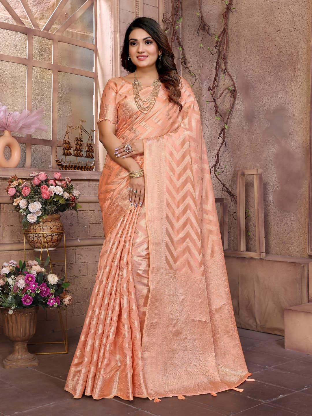 Antique Brass Soft Organza Silk Banarasi Saree