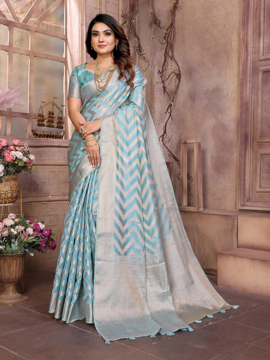 Blue Angel Soft Organza Silk Banarasi Saree