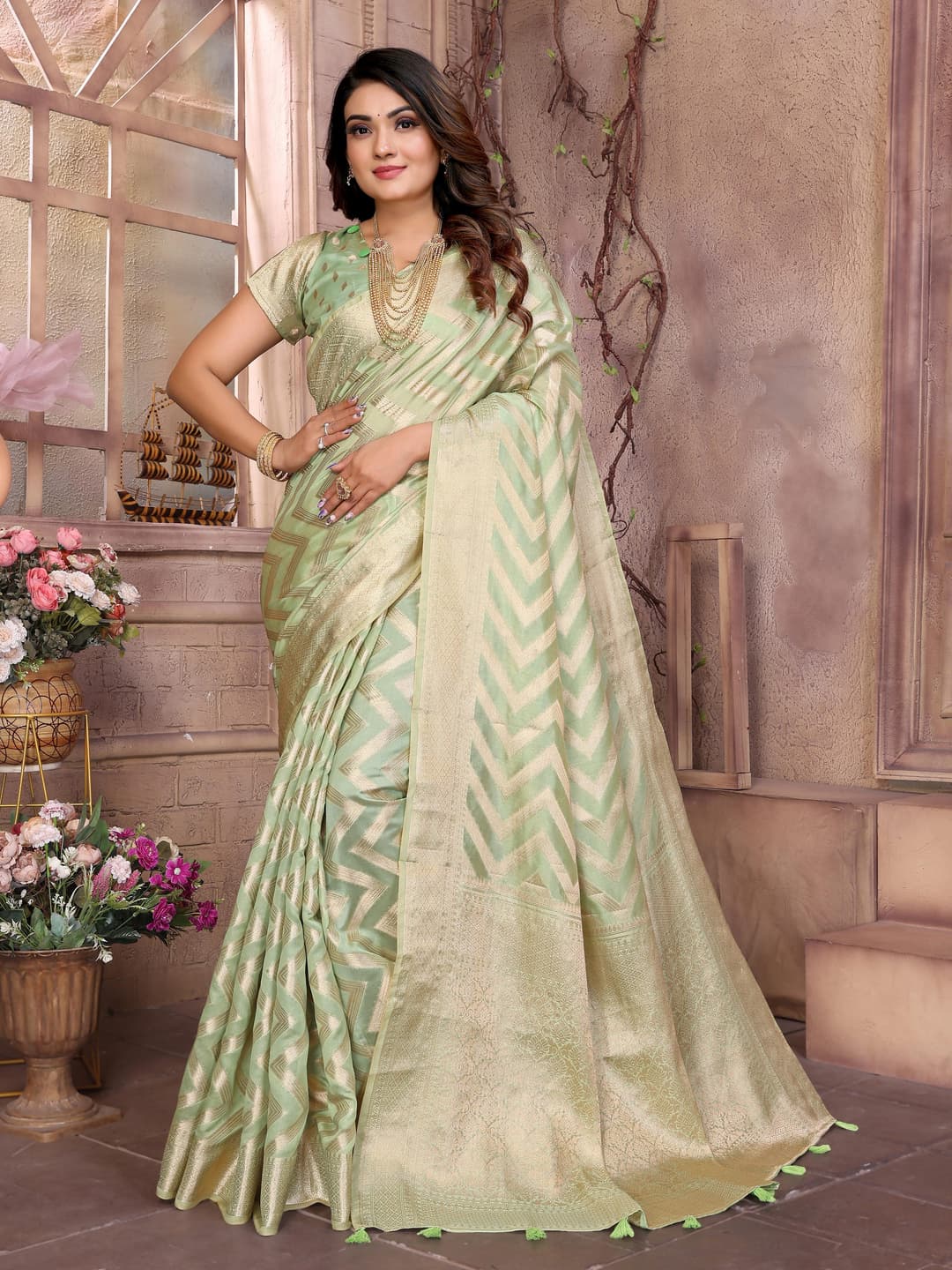 Frog Green Soft Organza Silk Banarasi Saree