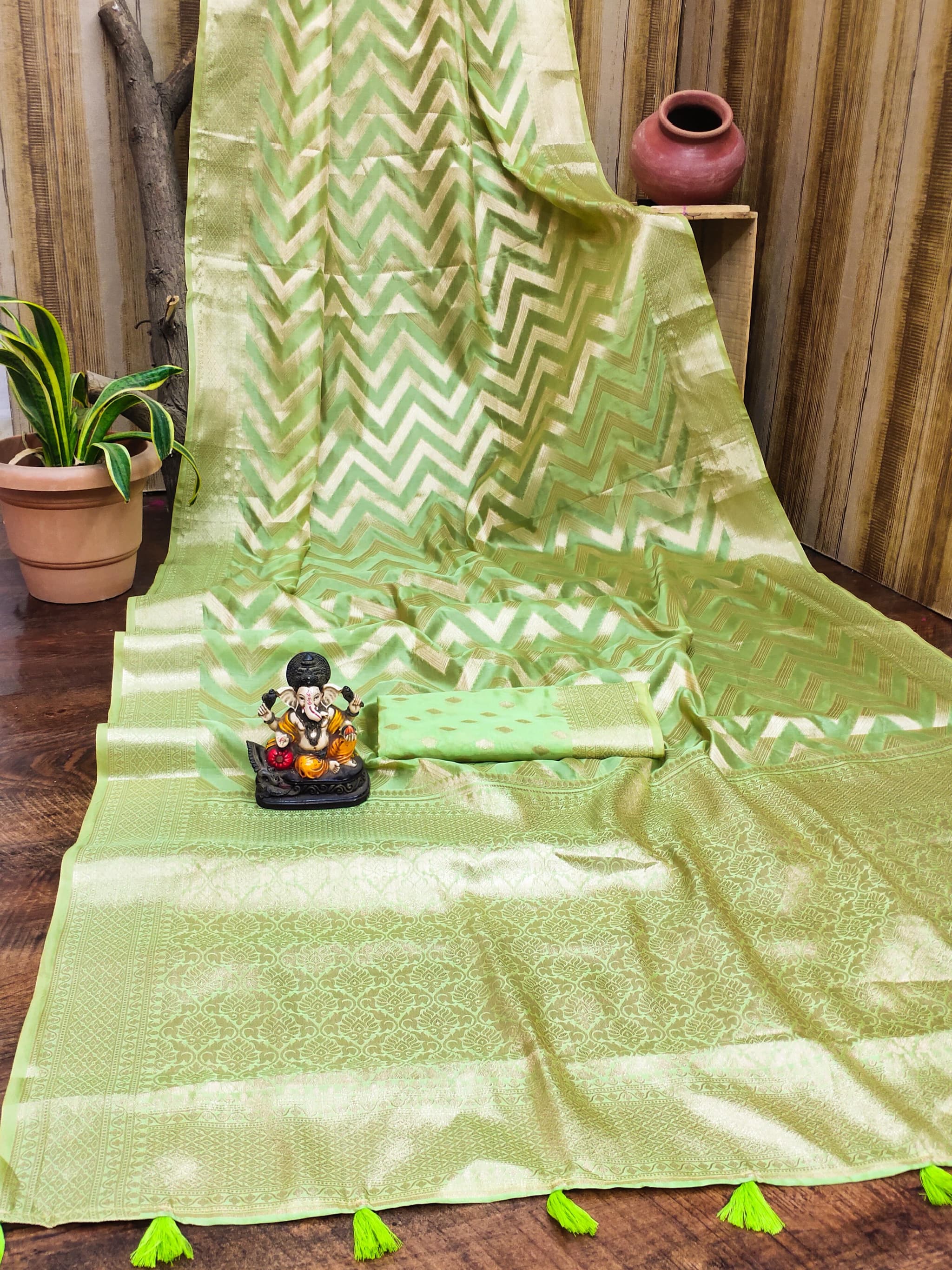 Frog Green Soft Organza Silk Banarasi Saree