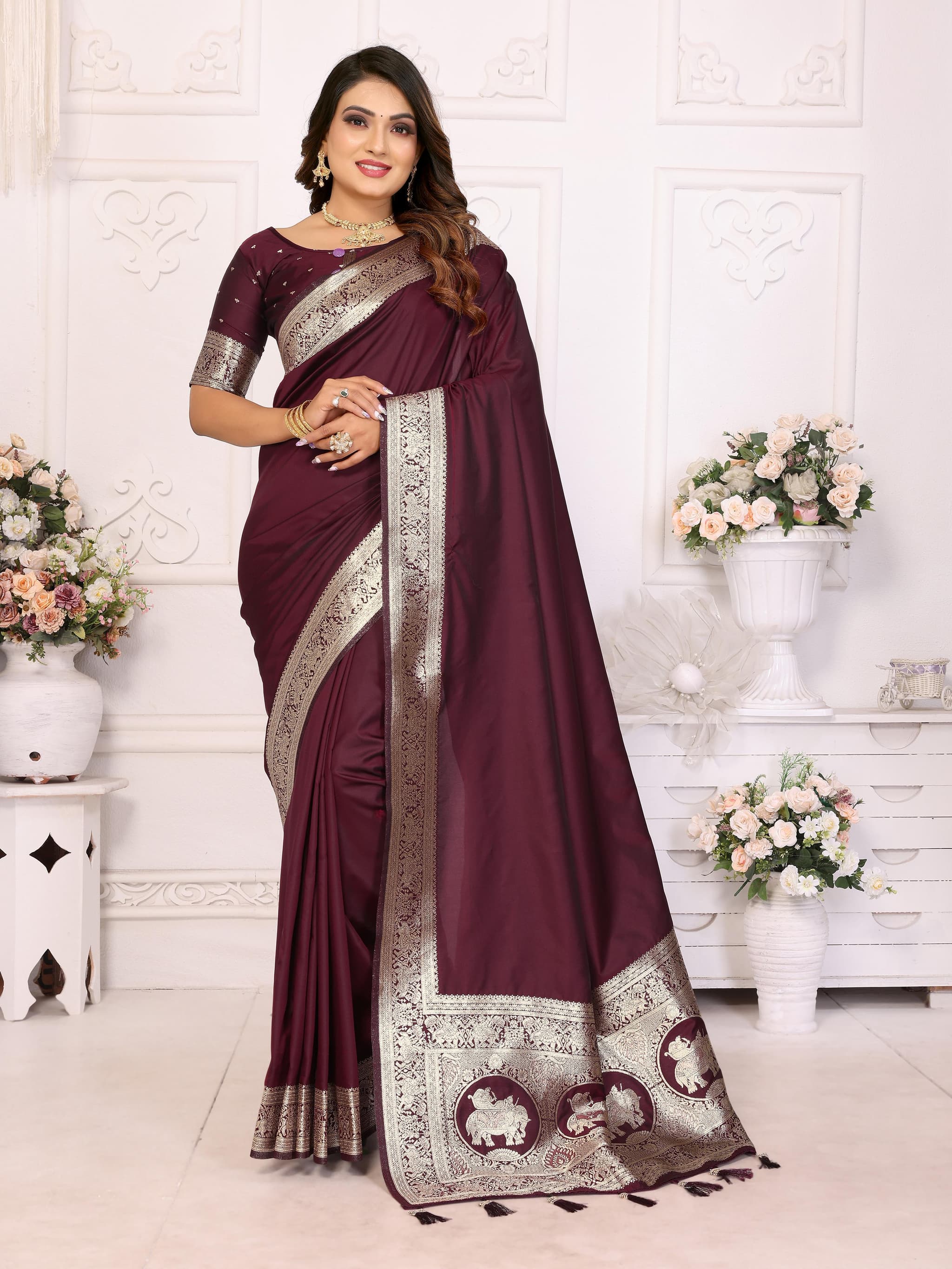 Wine Summer Special Pure Banarasi Silk Saree