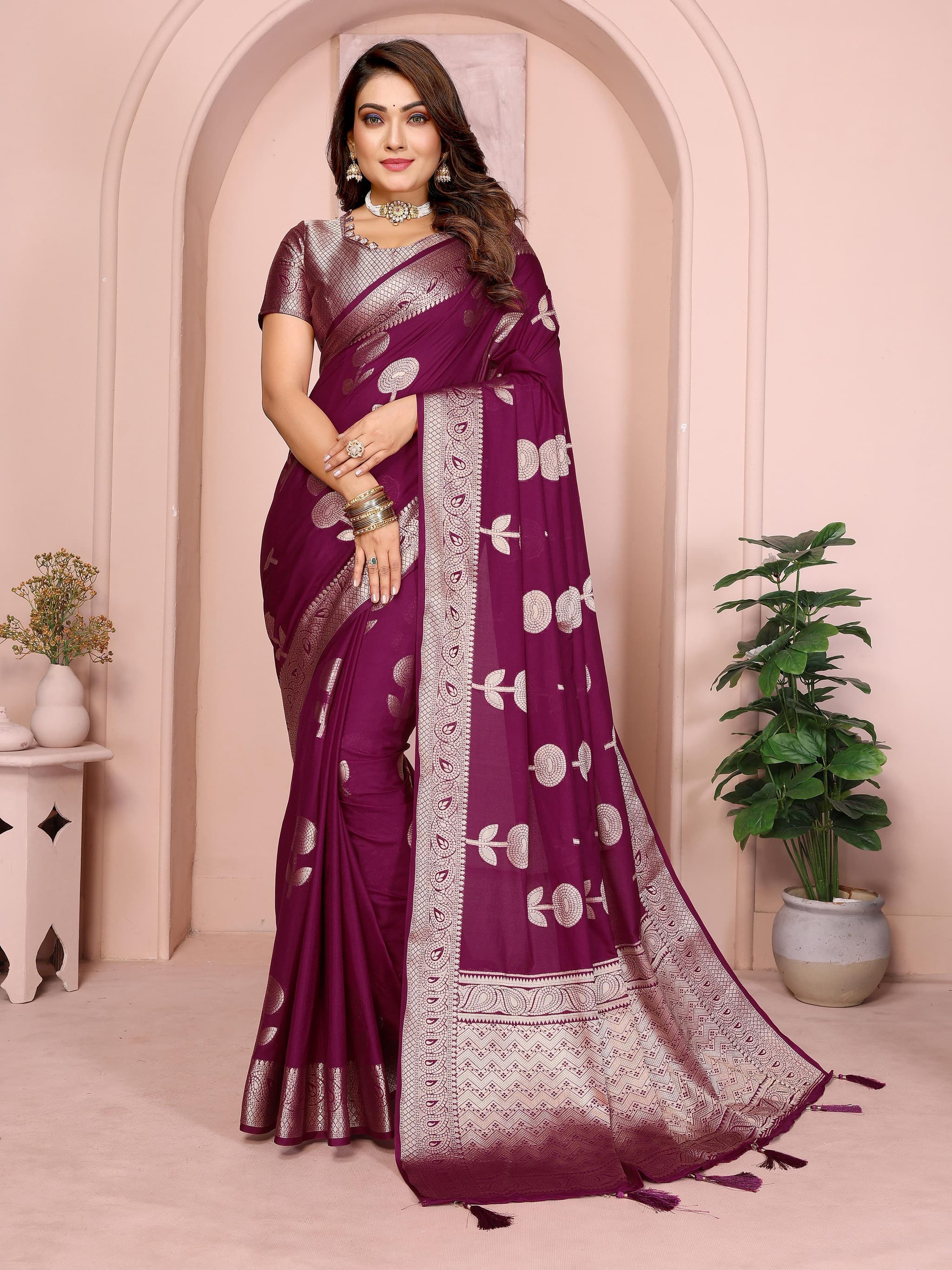 wine Soft Georgette Silk Banarasi Saree