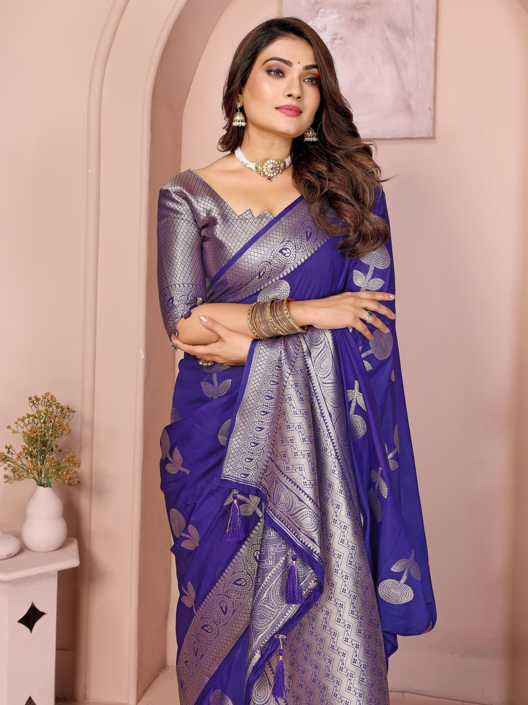 Navy Blue Soft Georgette Silk Banarasi Saree