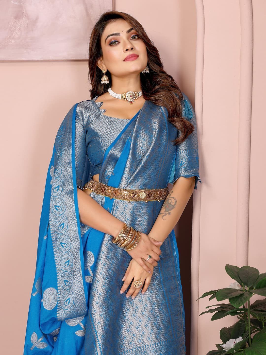 Water Blue Soft Georgette Silk Banarasi Saree