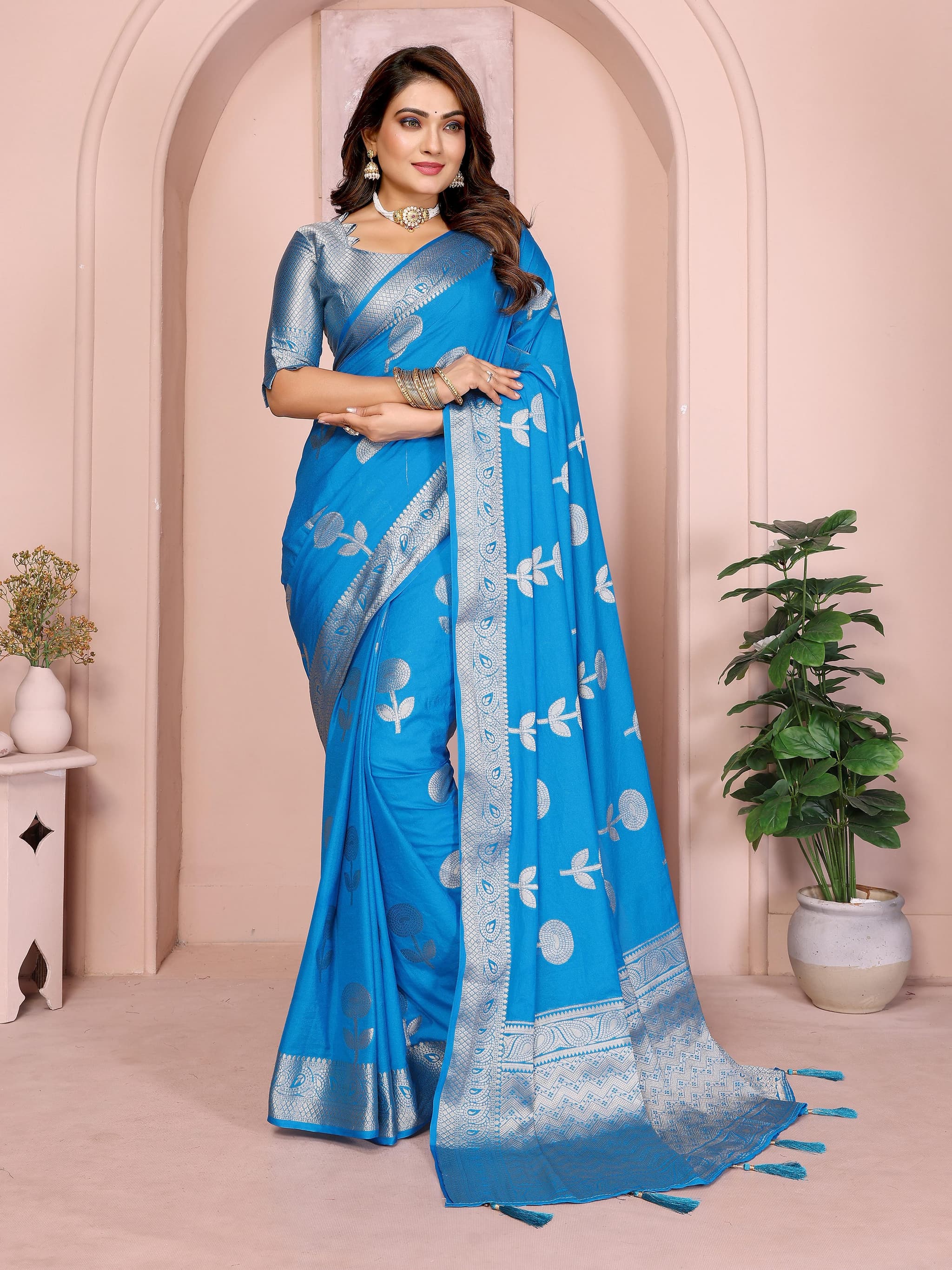 Water Blue Soft Georgette Silk Banarasi Saree
