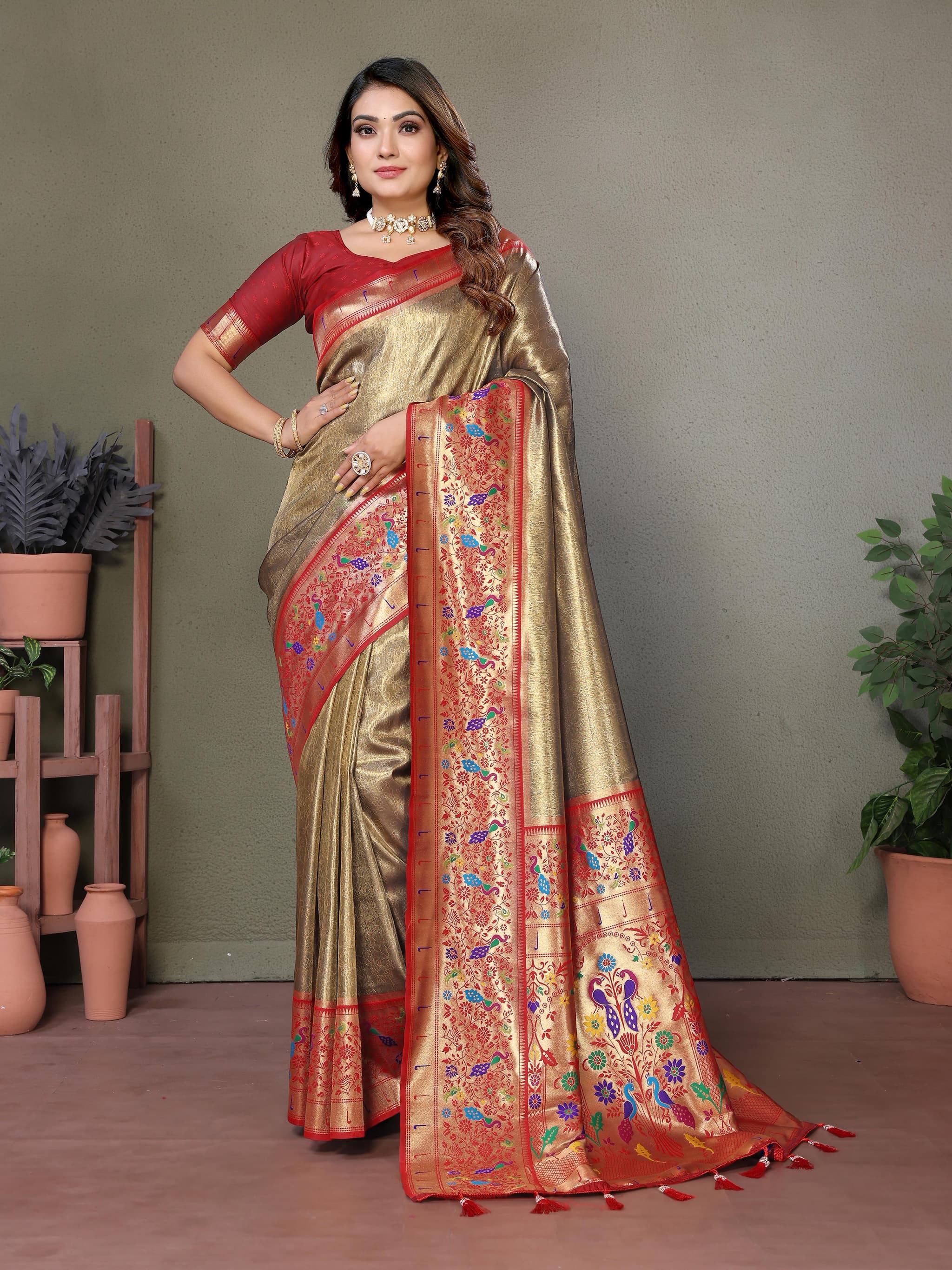 Brown Grey Pure Banarasi Tissue Silk Saree