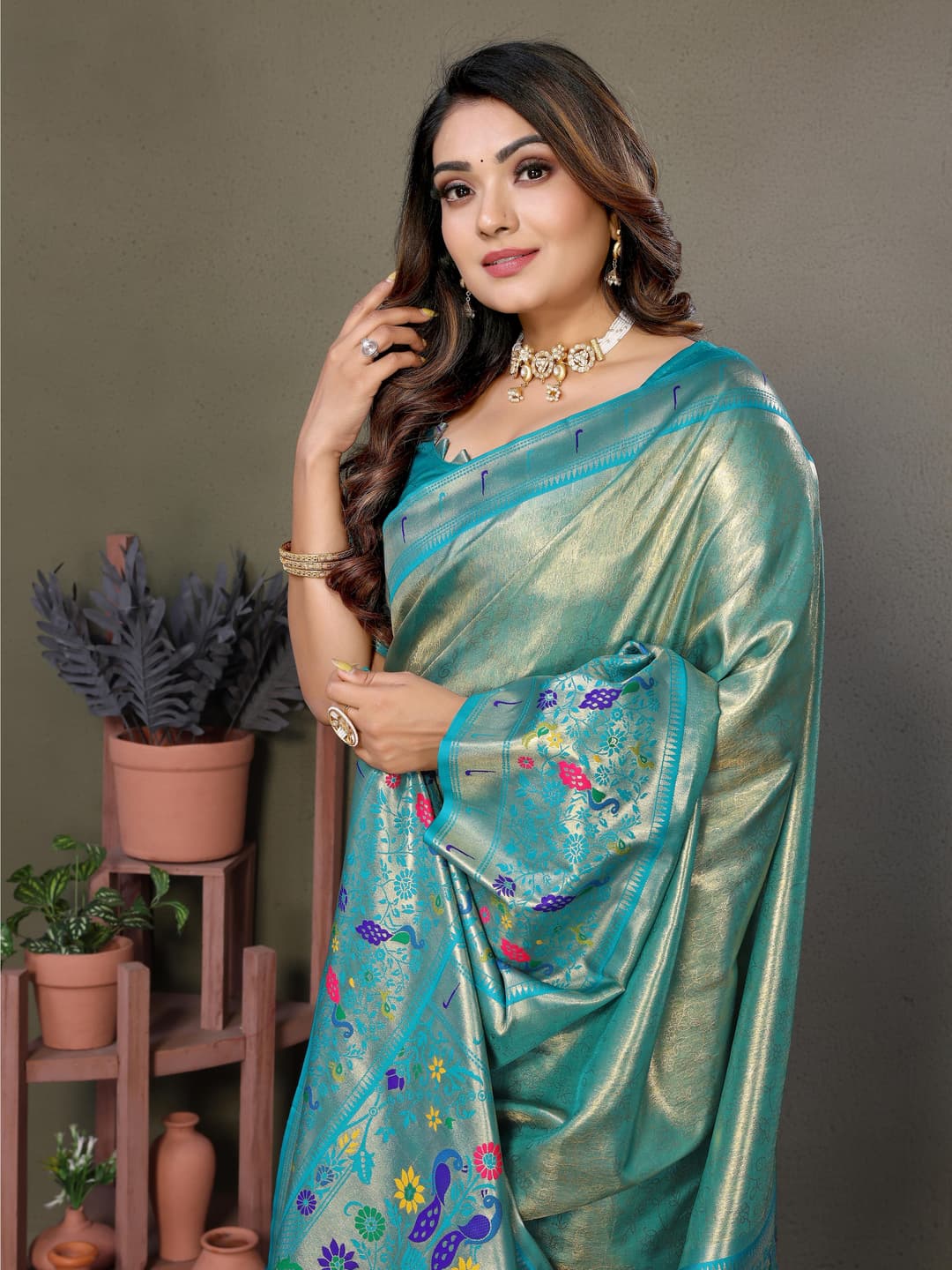 Dusty Teal Pure Banarasi Tissue Silk Saree