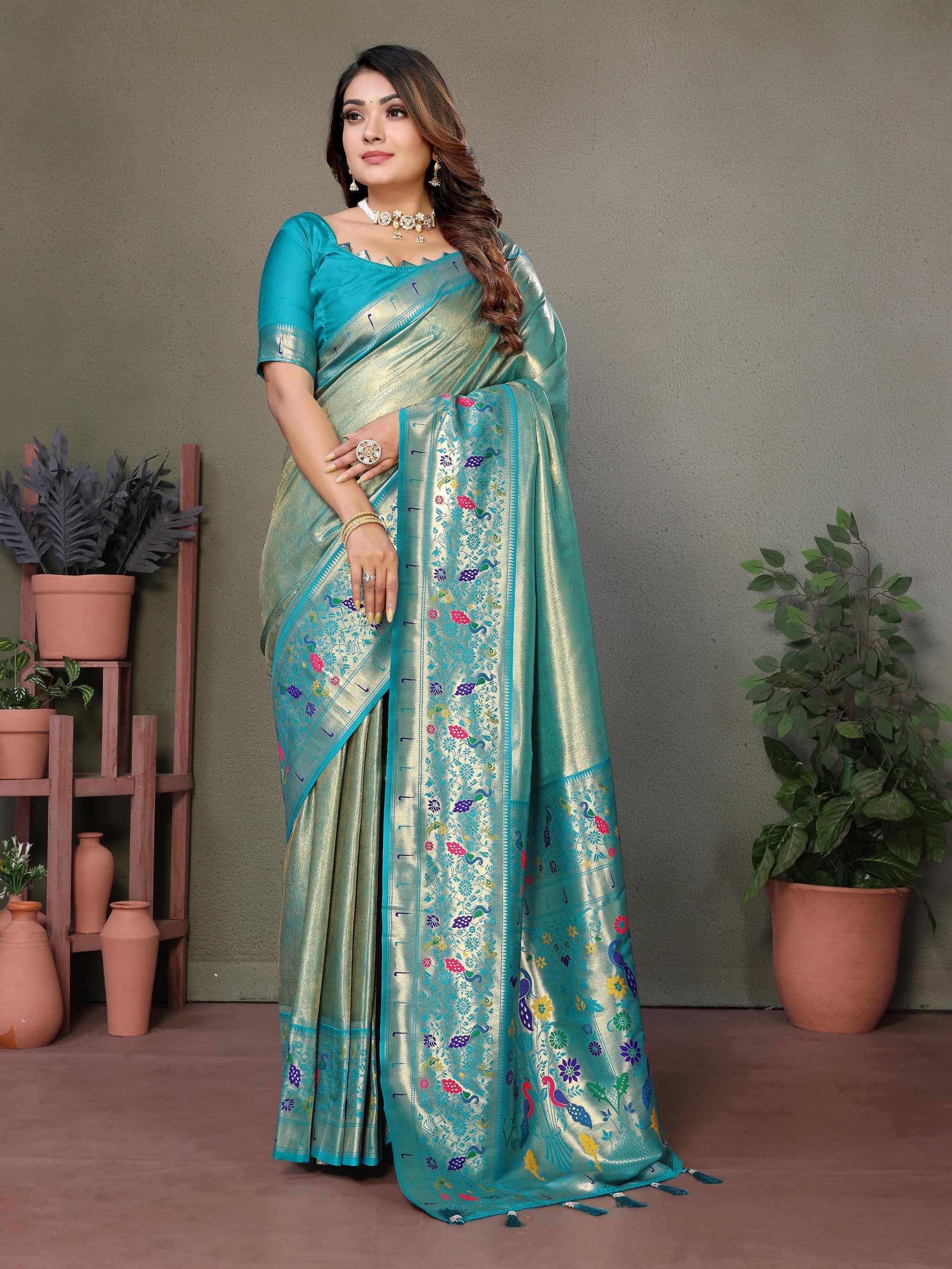 Dusty Teal Pure Banarasi Tissue Silk Saree