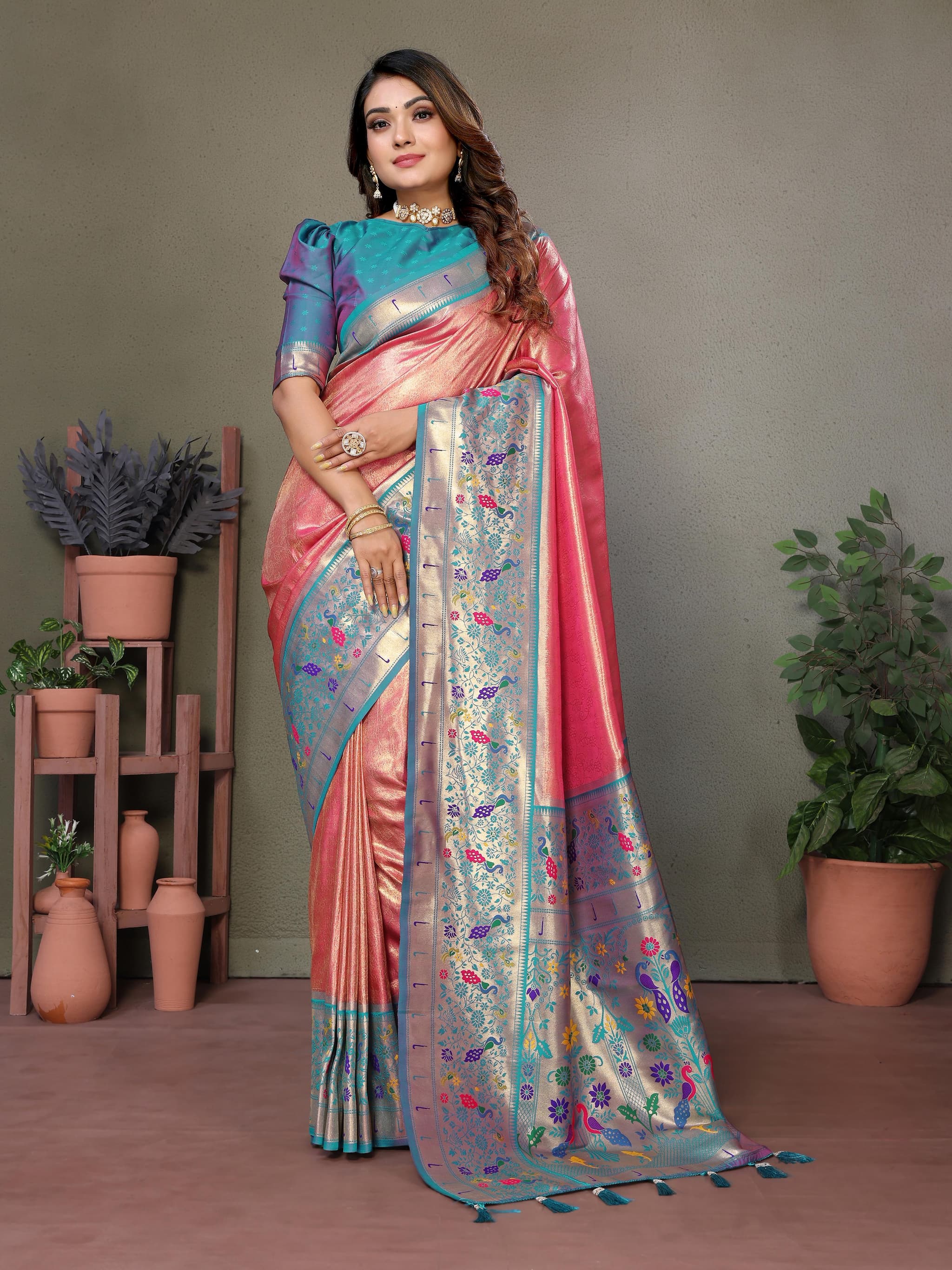 Rose Pink Pure Banarasi Tissue Silk Saree