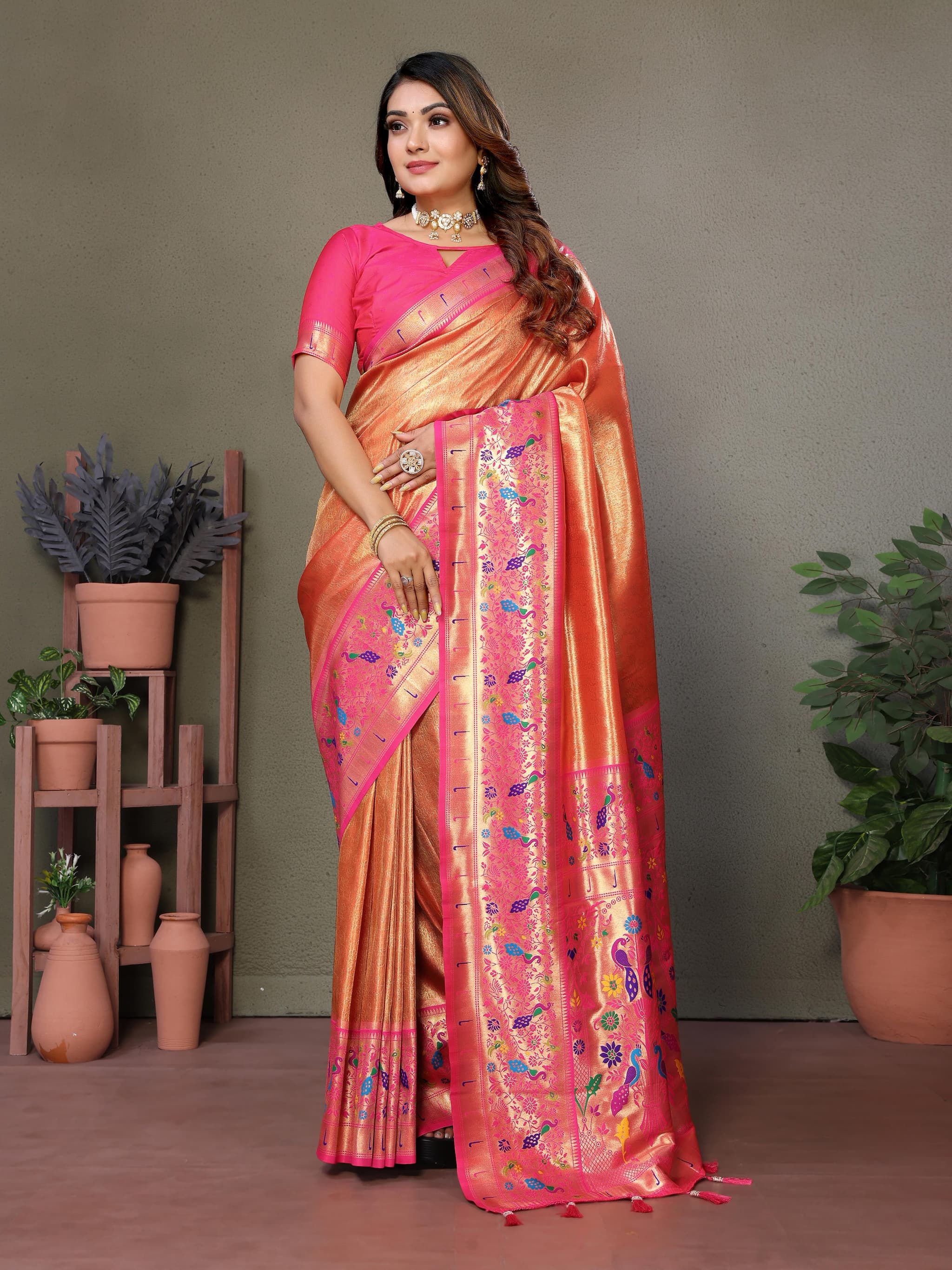 Chestnut Red Pure Banarasi Tissue Silk Saree