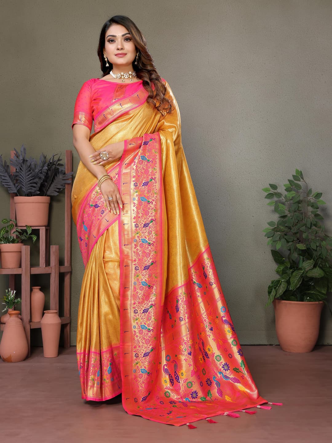 Yellowish Orange Pure Banarasi Tissue Silk Saree