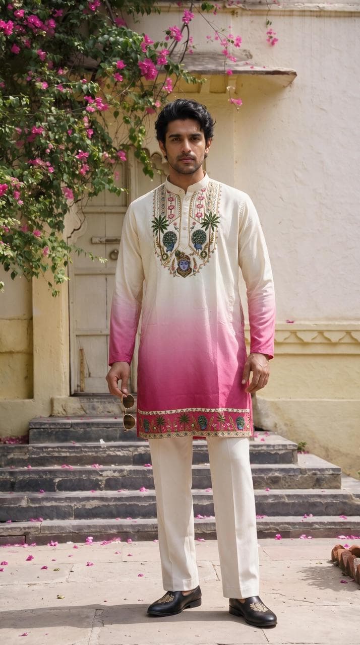 Off-White & Rani Pink Shrinathji Digital Shading Kurta with Diamond Work Off-White & Rani Pink Shrinathji Digital Shading Kurta with Diamond Work