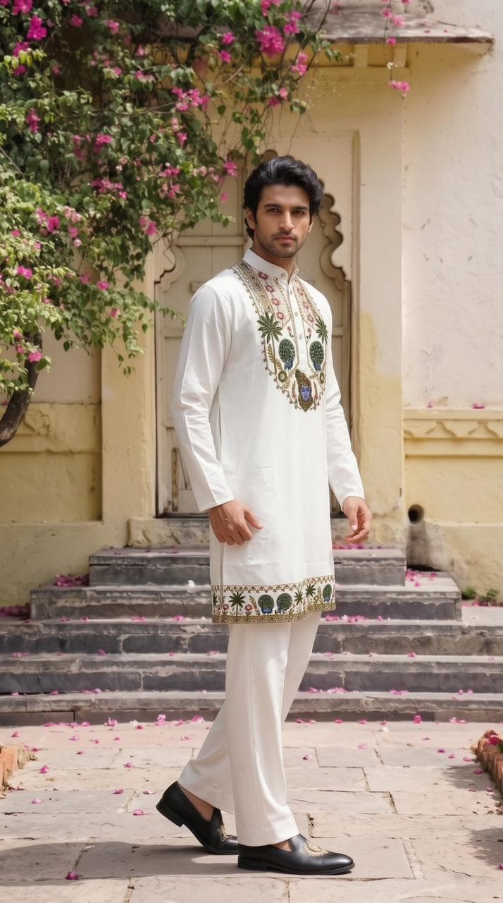 Classic Off-White Shrinathji Festive Designer Kurta with Diamond Work Classic Off-White Shrinathji Festive Designer Kurta with Diamond Work