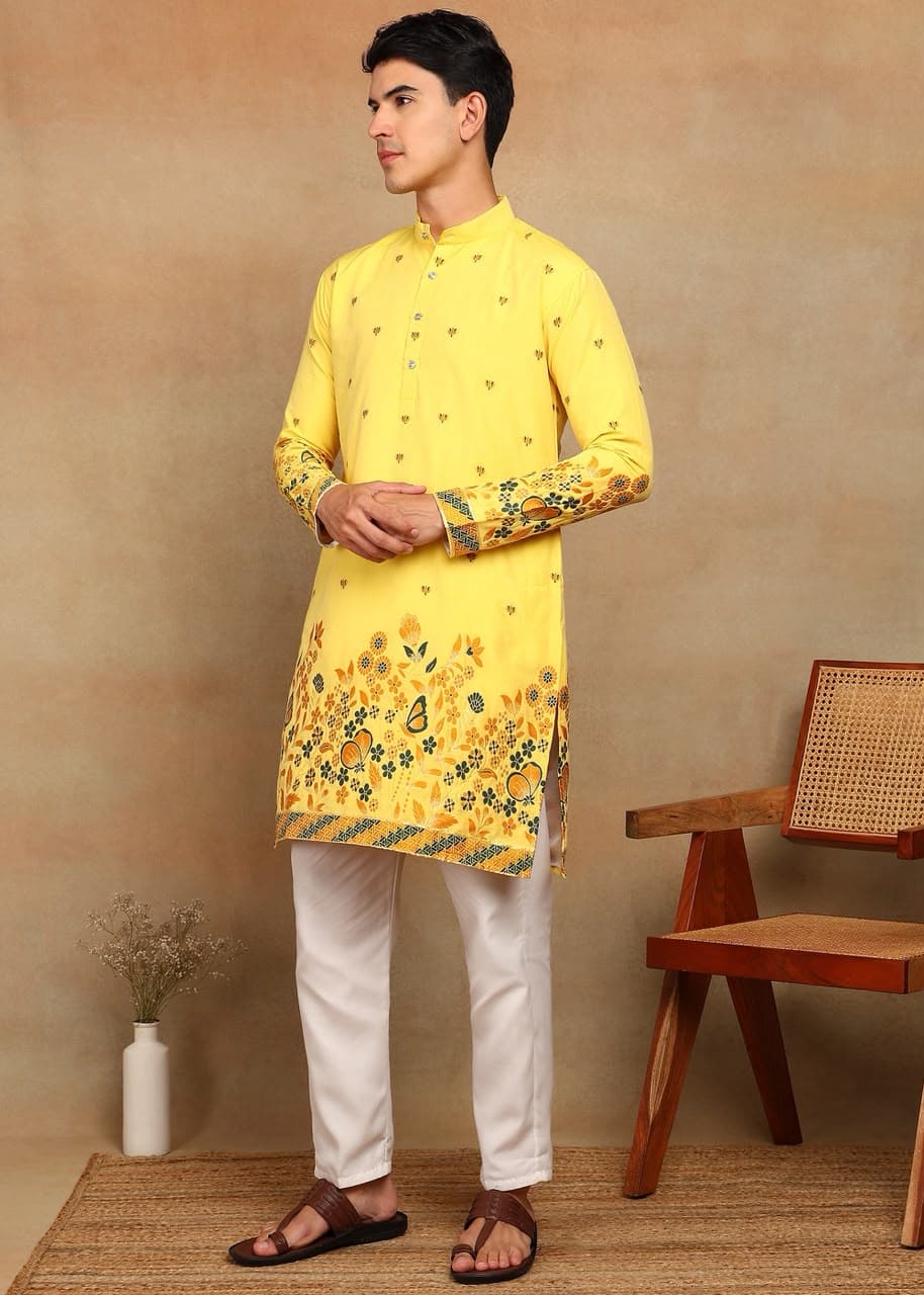 Bright Yellow Butterfly Daman Design Cotton Silk Kurta Set Bright Yellow Butterfly Daman Design Cotton Silk Kurta Set