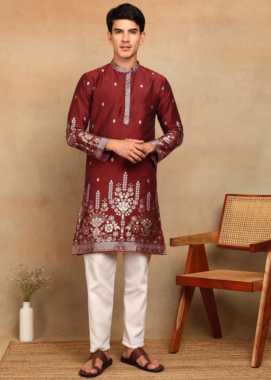 Maroon Fountain Daman Weaving Cotton Silk Kurta Set Maroon Fountain Daman Weaving Cotton Silk Kurta Set
