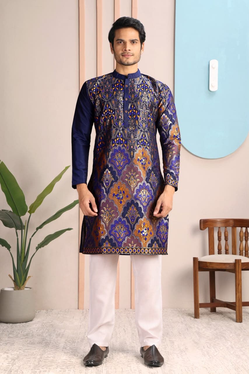 Navy Blue Bismil Royal Brocade Woven Silk Kurta Set Navy Blue Bismil Royal Brocade Woven Silk Kurta Set