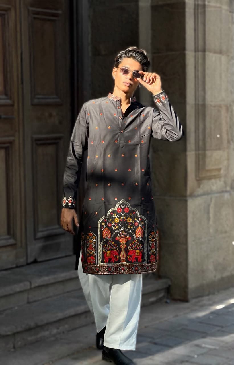 Black Royal Hathi Daman Woven Silk Kurta Set Black Royal Hathi Daman Woven Silk Kurta Set
