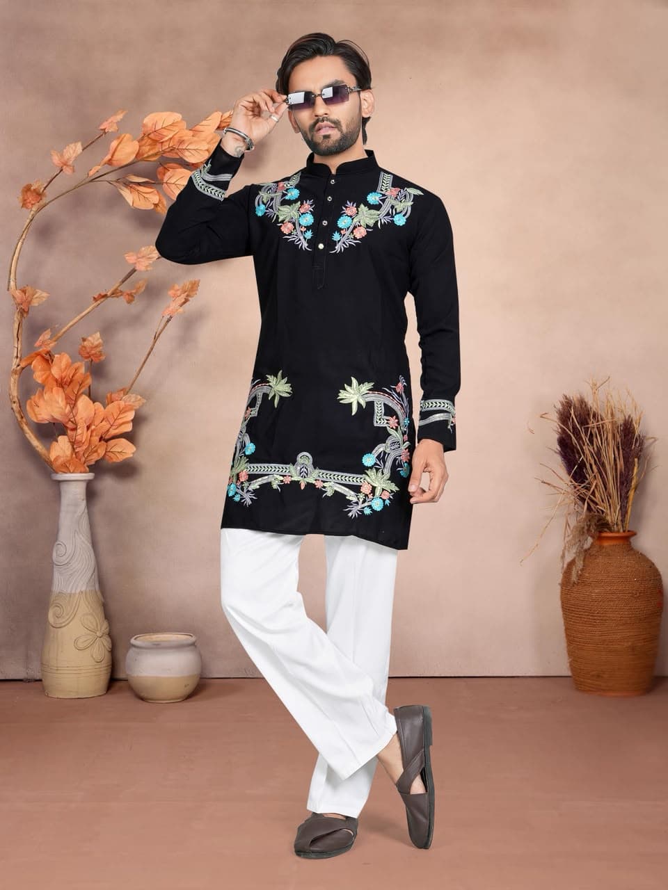 Black Celebrity Style Floral Embroidered Silk Short Kurta Black Celebrity Style Floral Embroidered Silk Short Kurta
